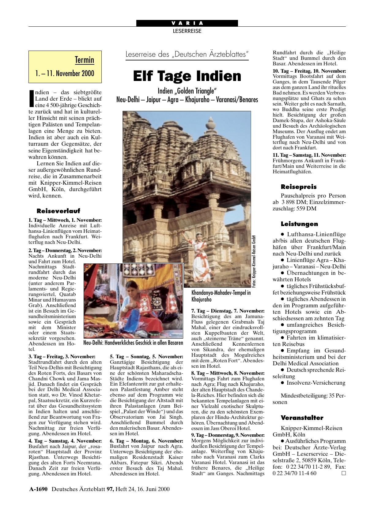 Vorschauseite 1: Leserreise des „Deutschen Ärzteblattes“: Elf Tage Indien