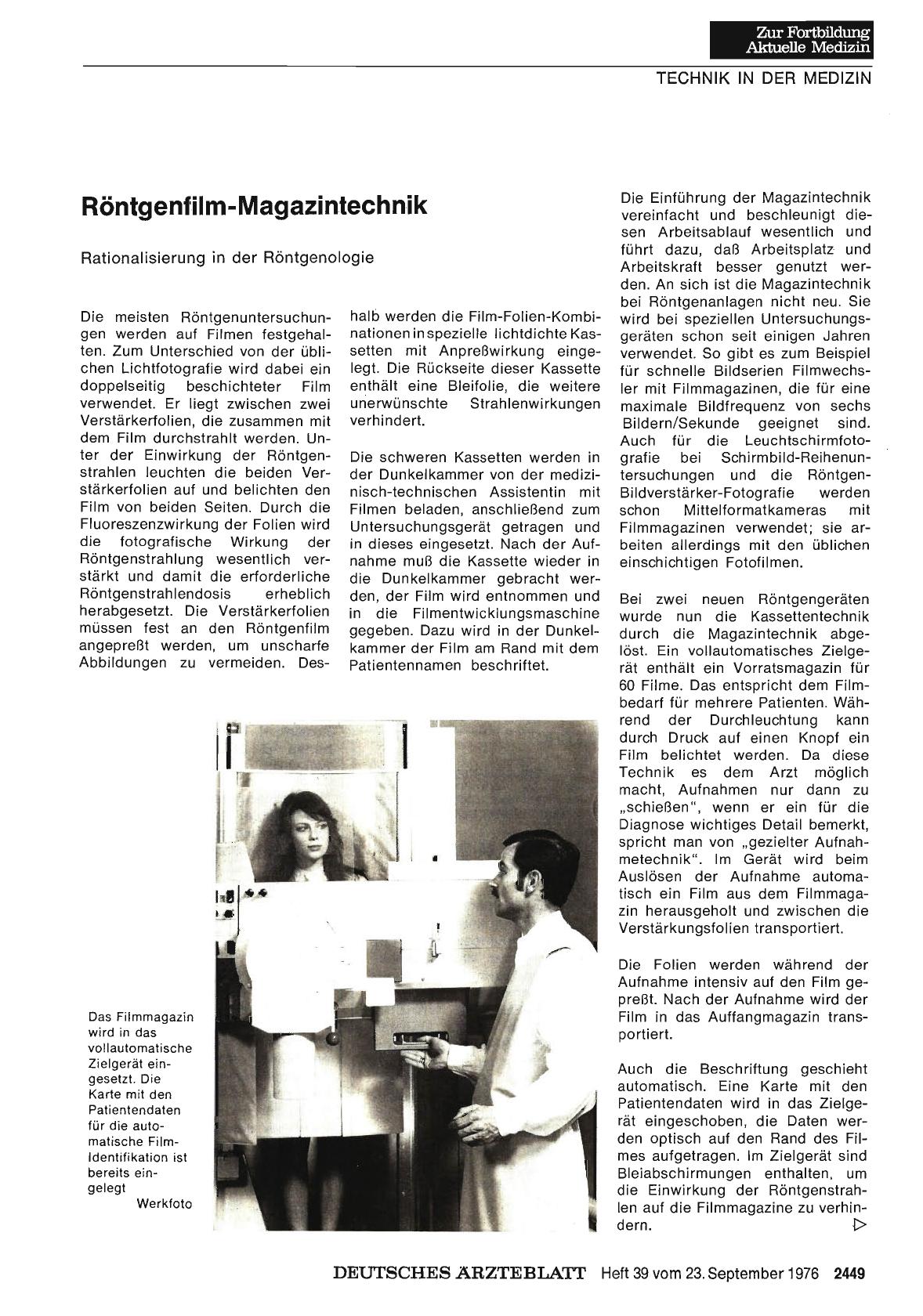 Vorschauseite 1: Röntgenfilm-Magazintechnik: Rationalisierung in der Röntgenologie