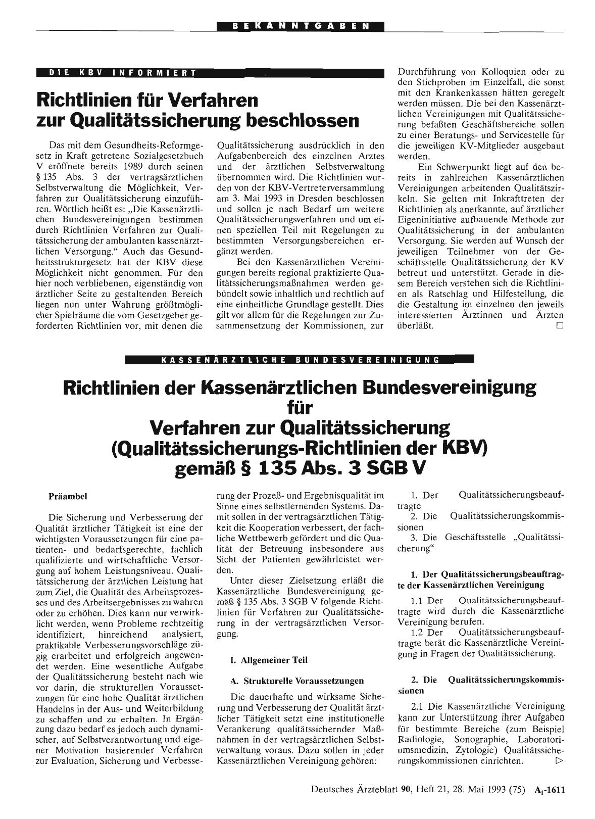 Vorschauseite 1: Richtlinien der Kassenärztlichen Bundesvereinigung für Verfahren zur Qualitätssicherung (Qualitätssicherungs-Richtlinien der KBV) gemäß § 135 Abs. 3 SGB V