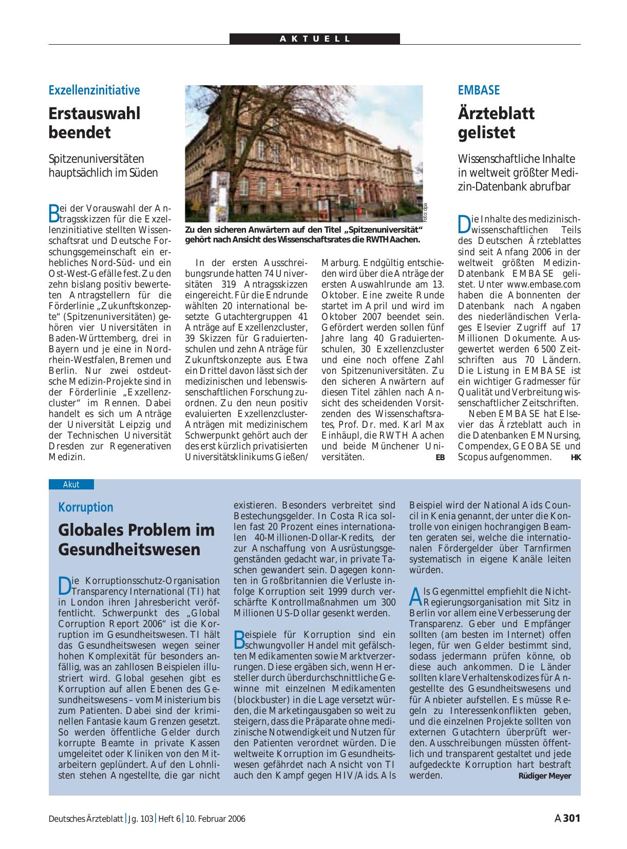 Vorschauseite 1: EMBASE: Ärzteblatt gelistet
