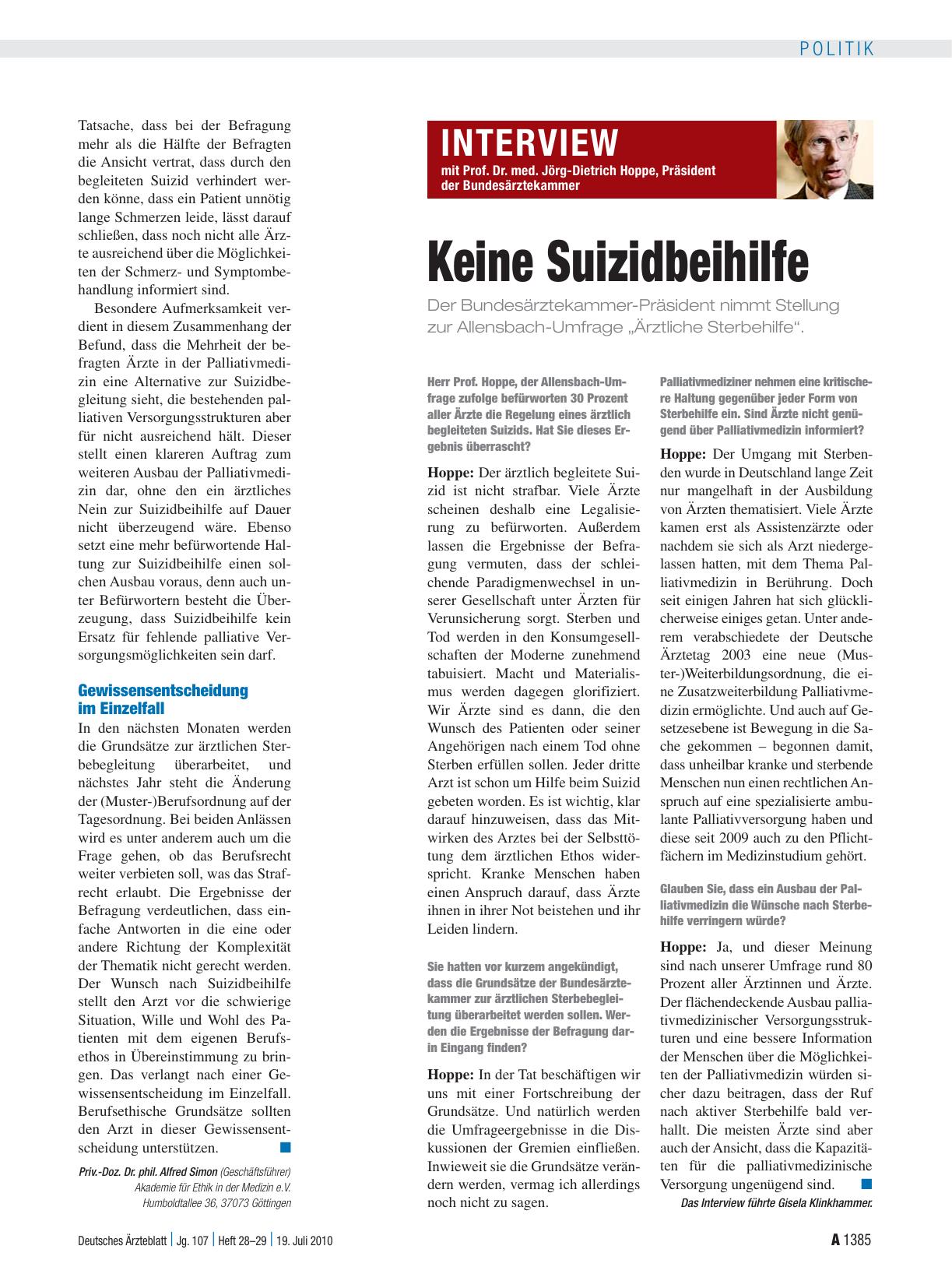 Vorschauseite 3: Einstellung der Ärzte zur Suizidbeihilfe: Ausbau der Palliativmedizin gefordert