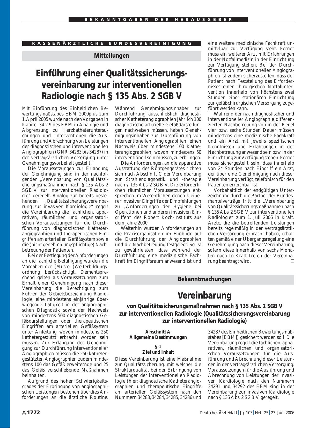 Vorschauseite 1: Bekanntmachungen: Vereinbarung von Qualitätssicherungsmaßnahmen nach § 135 Abs. 2 SGB V zur interventionellen Radiologie (Qualitätssicherungsvereinbarung zur interventionellen Rad…