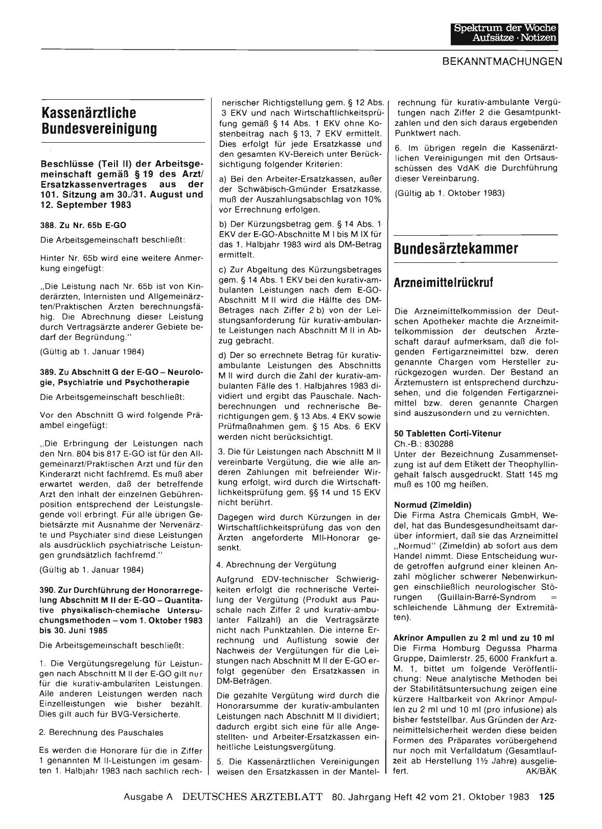Vorschauseite 1: Kassenärztliche Bundesvereinigung: Beschlüsse (Teil II) der Arbeitsgemeinschaft gemäß § 19 des Arzt/ Ersatzkassenvertrages aus der 101. Sitzung am 30. /31. August und 12. Septembe…