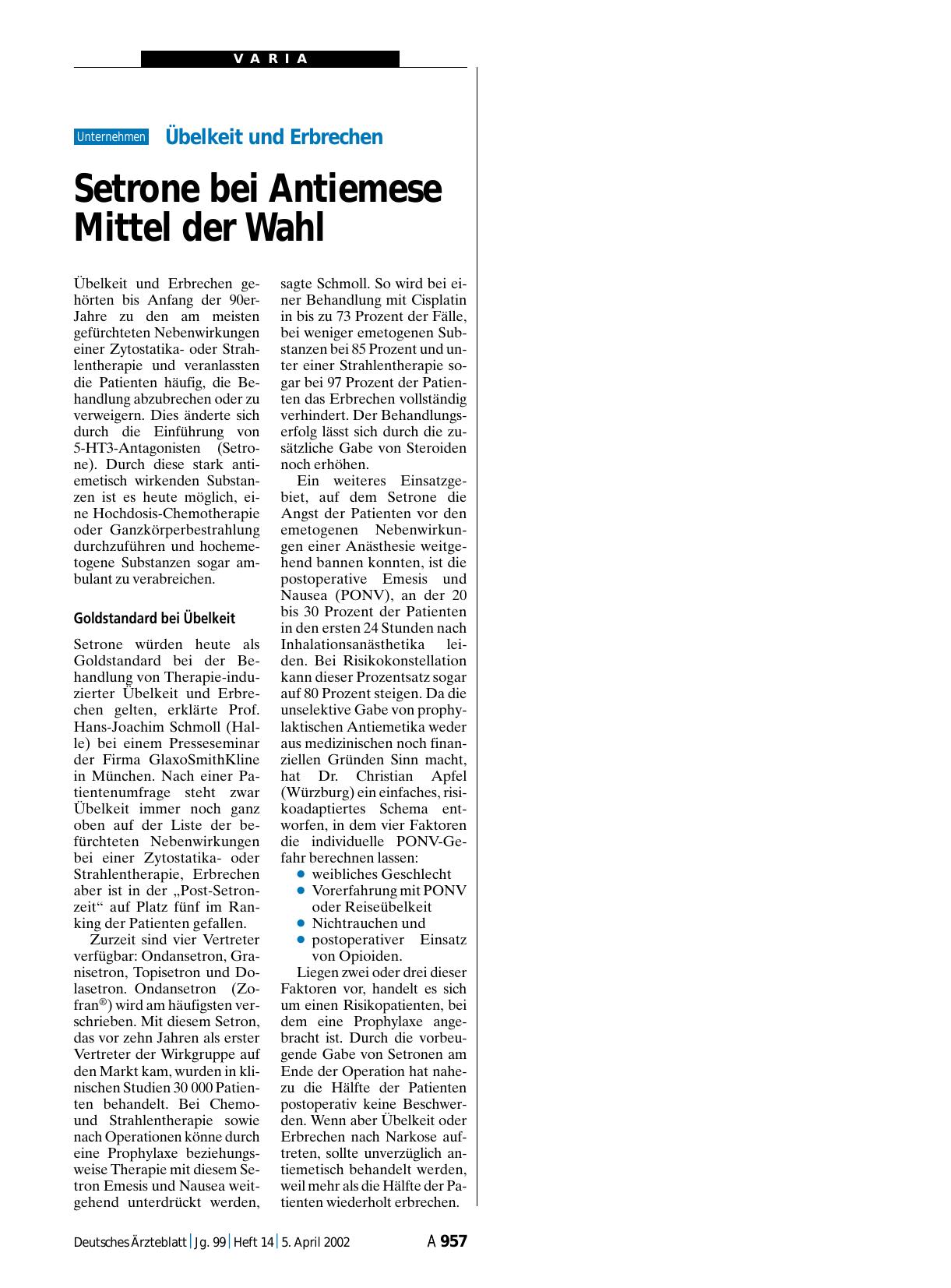 Vorschauseite 1: Übelkeit und Erbrechen: Setrone bei Antiemese Mittel der Wahl