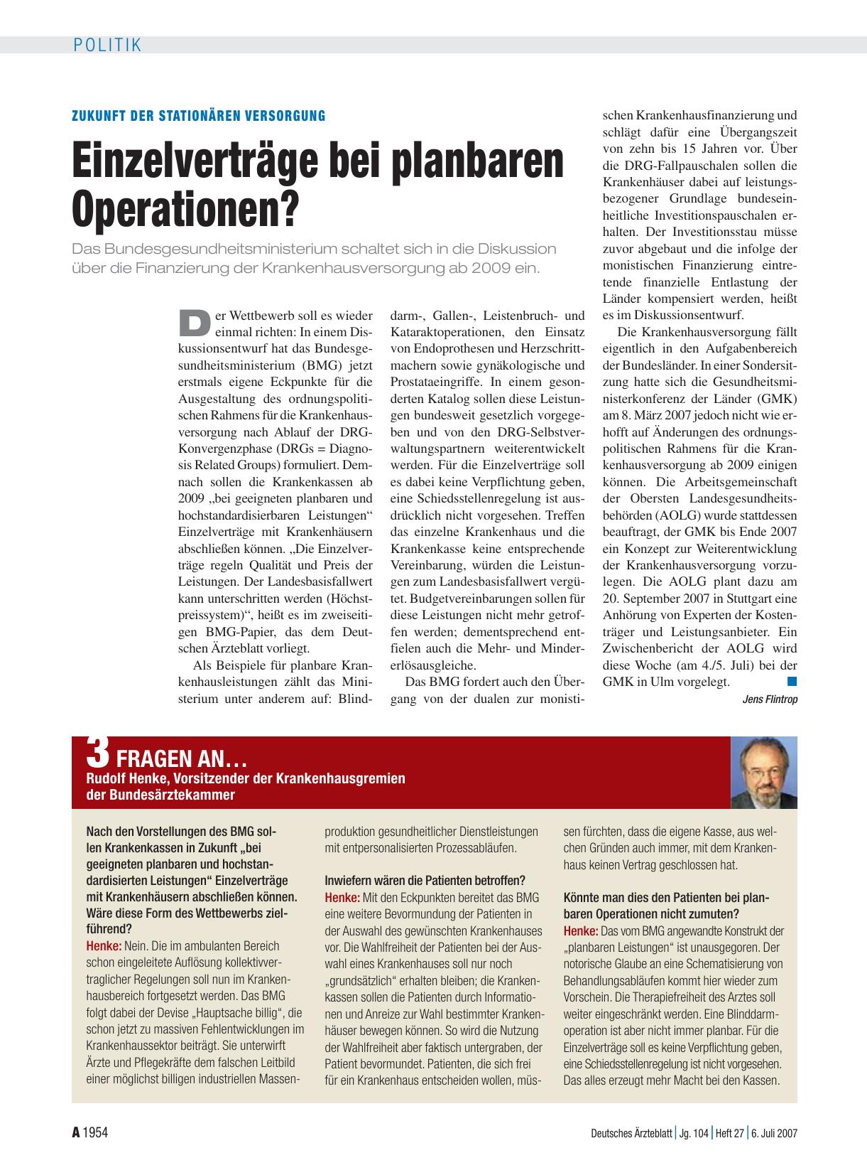 Vorschauseite 1: Zukunft der stationären Versorgung: Einzelverträge bei planbaren Operationen?