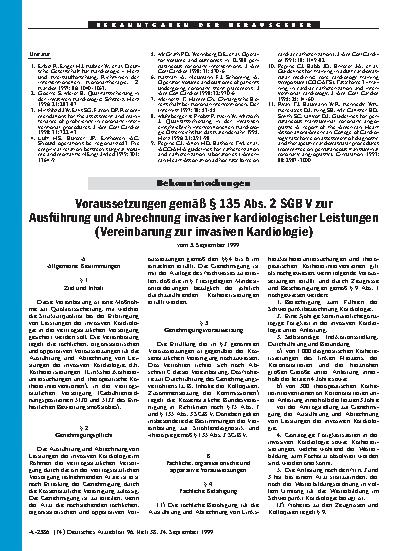 Vorschauseite 1: Voraussetzungen gemäß § 135 Abs. 2 SGB V zur: Ausführung und Abrechnung invasiver kardiologischer Leistungen (Vereinbarung zur invasiven Kardiologie) vom 3. September 1999