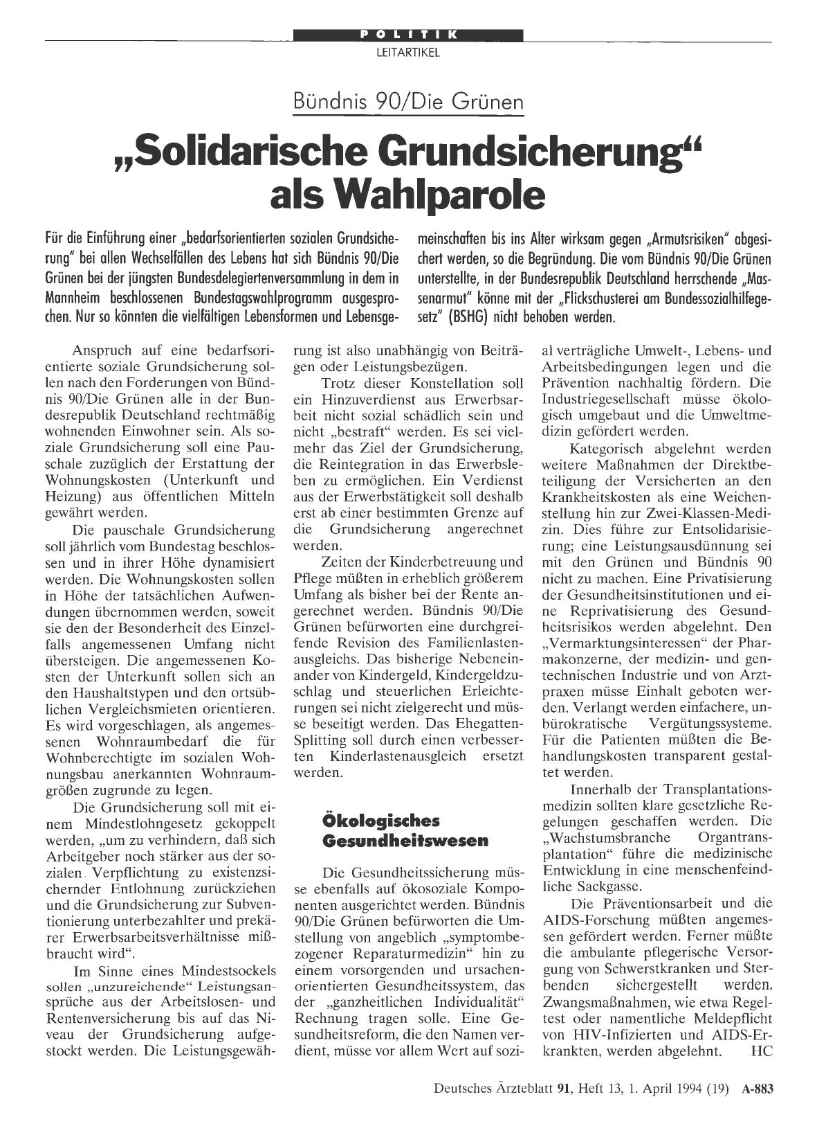 Vorschauseite 1: Bündnis 90/Die Grünen: „Solidarische Grundsicherung“ als Wahlparole