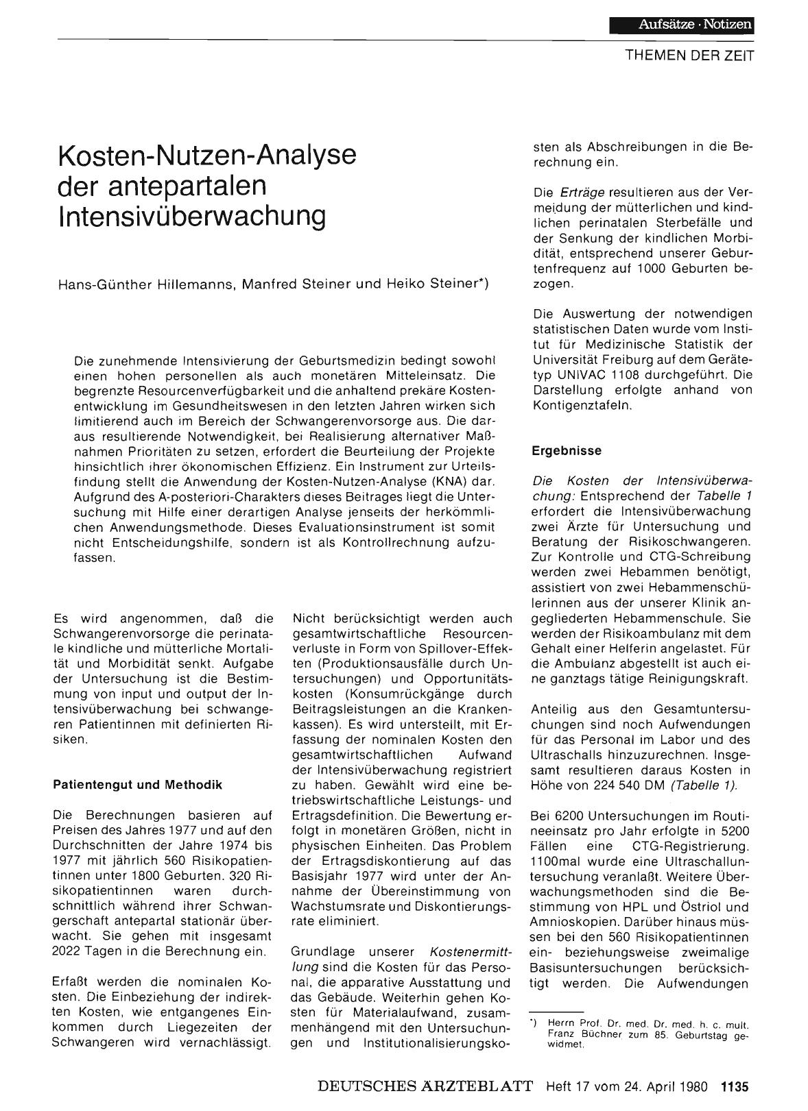 Vorschauseite 1: Kosten-Nutzen-Analyse der antepartalen Intensivüberwachung