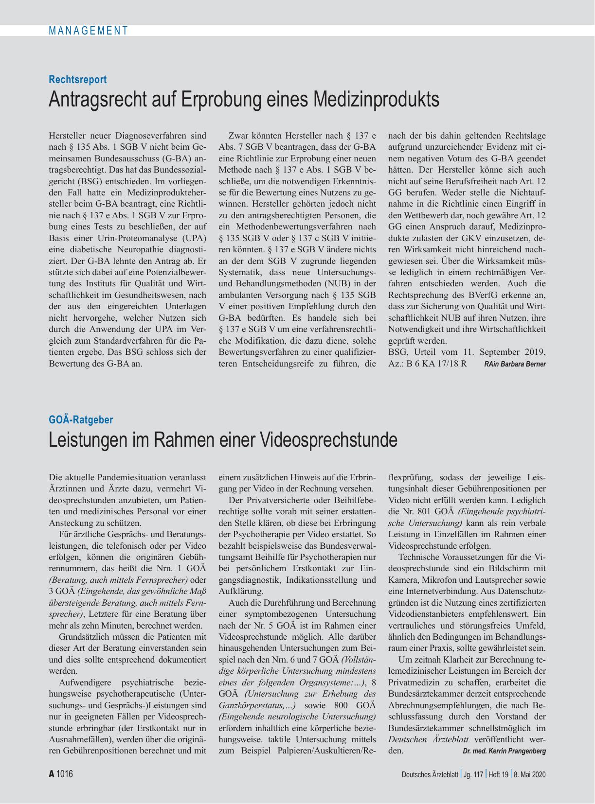 Vorschauseite 1: Rechtsreport: Antragsrecht auf Erprobung eines Medizinprodukts