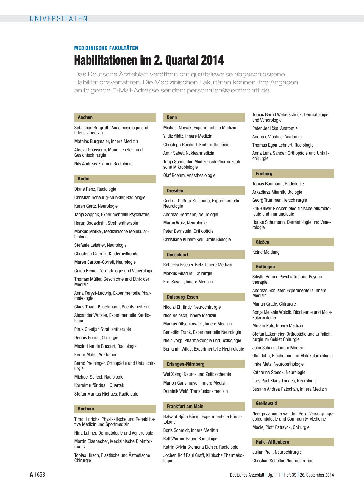 Vorschauseite 1: Medizinische Fakultäten: Habilitationen im 2. Quartal 2014