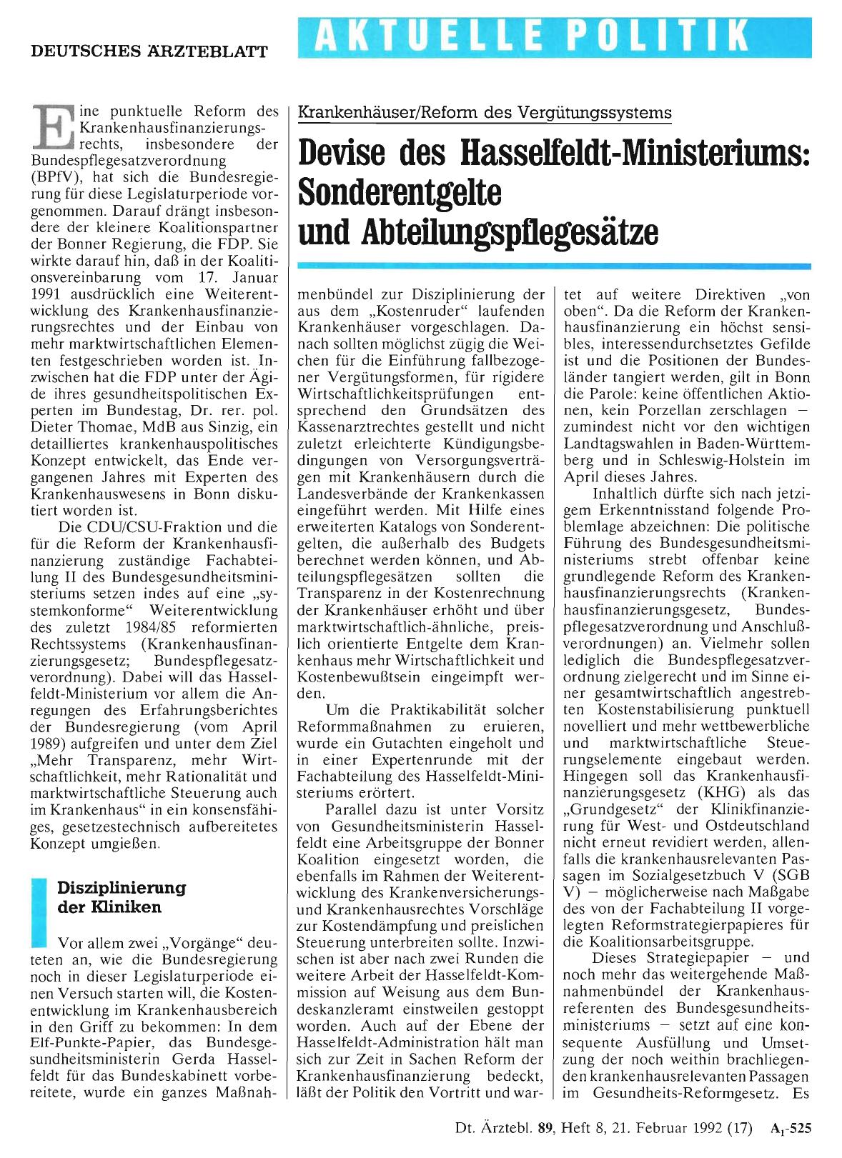 Vorschauseite 1: Krankenhäuser/Reform des Vergütungssystems: Devise des Hasselfeldt-Ministeriums: Sonderentgelte und Abteilungspflegesätze