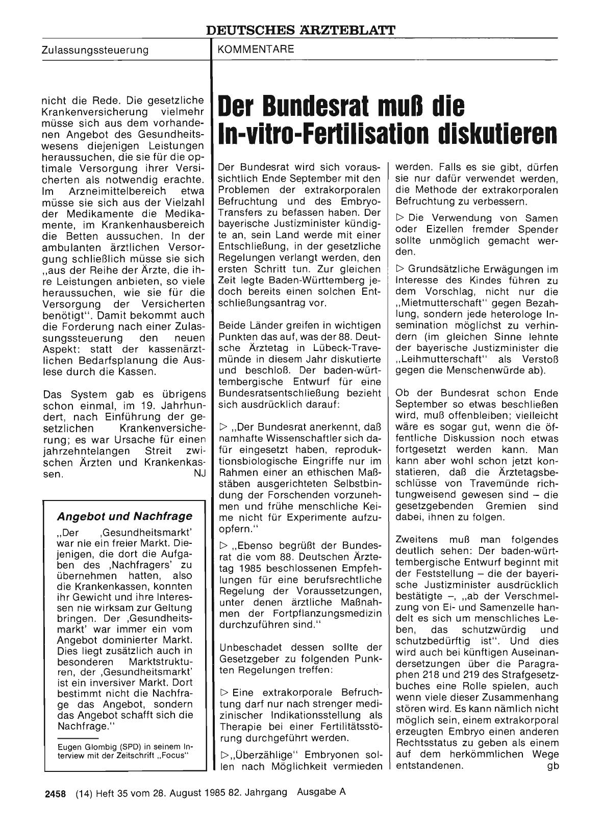 Vorschauseite 1: Der Bundesrat muß die In-vitro-Fertilisation diskutieren