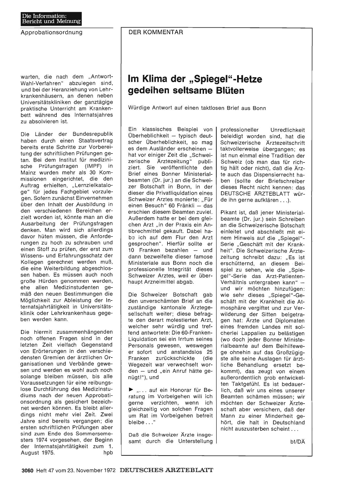 Vorschauseite 1: Im Klima der „Spiegel"-Hetze gedeihen seltsame Blüten: Würdige Antwort auf einen taktlosen Brief aus Bonn