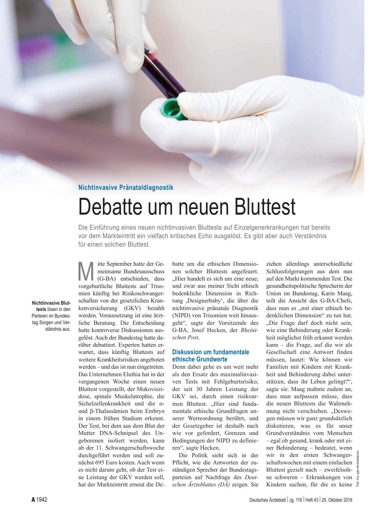 Vorschauseite 1: Nichtinvasive Pränataldiagnostik: Debatte um neuen Bluttest