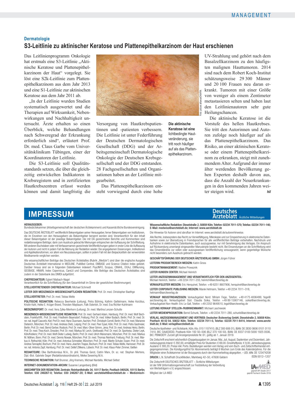 Vorschauseite 1: Dermatologie: S3-Leitlinie zu aktinischer Keratose und Plattenepithelkarzinom der Haut erschienen