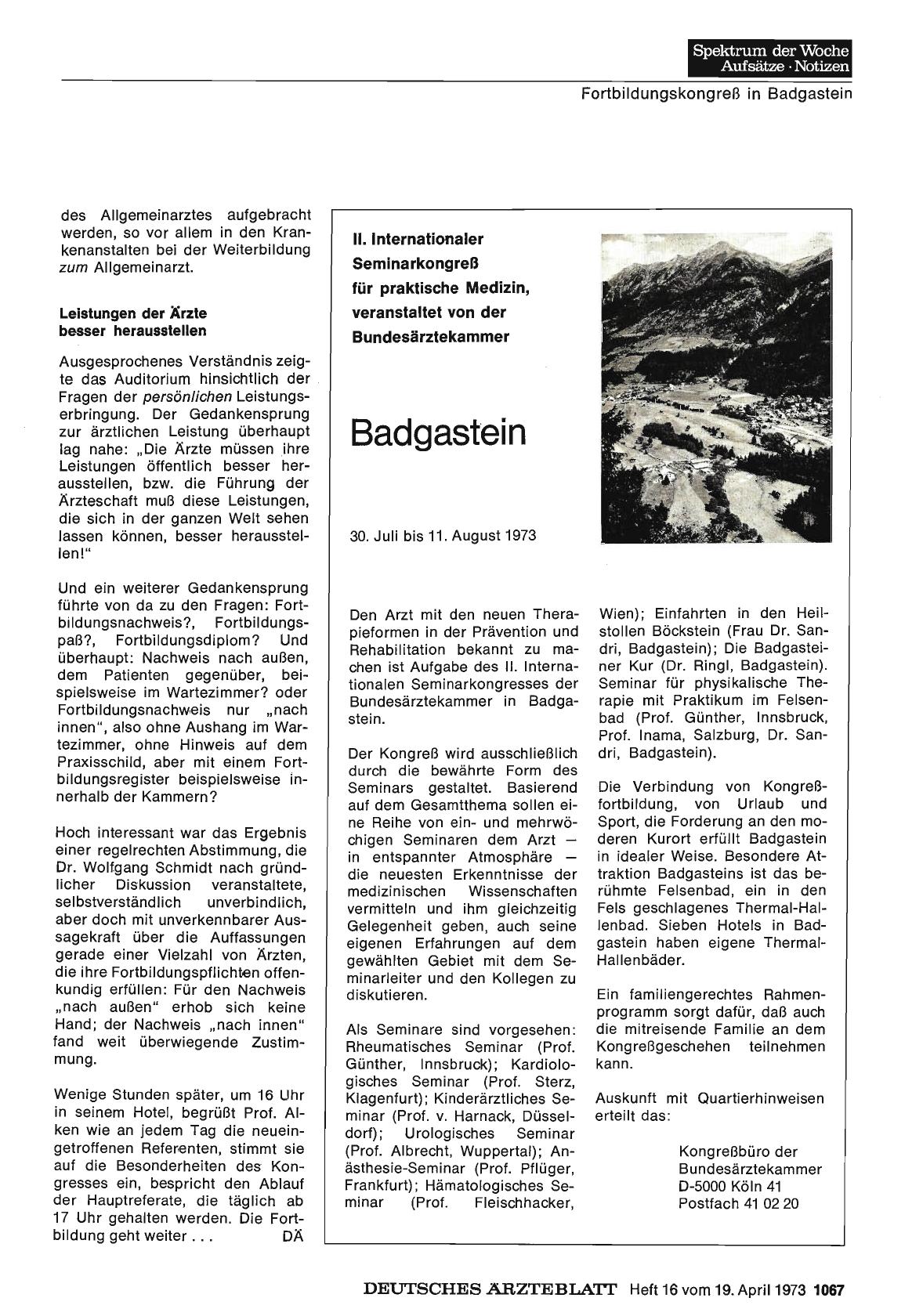 Vorschauseite 1: Badgastein: II. Internationaler Seminarkongreß für praktische Medizin, veranstaltet von der Bundesärztekammer, 30. Juli bis 11. August 1973