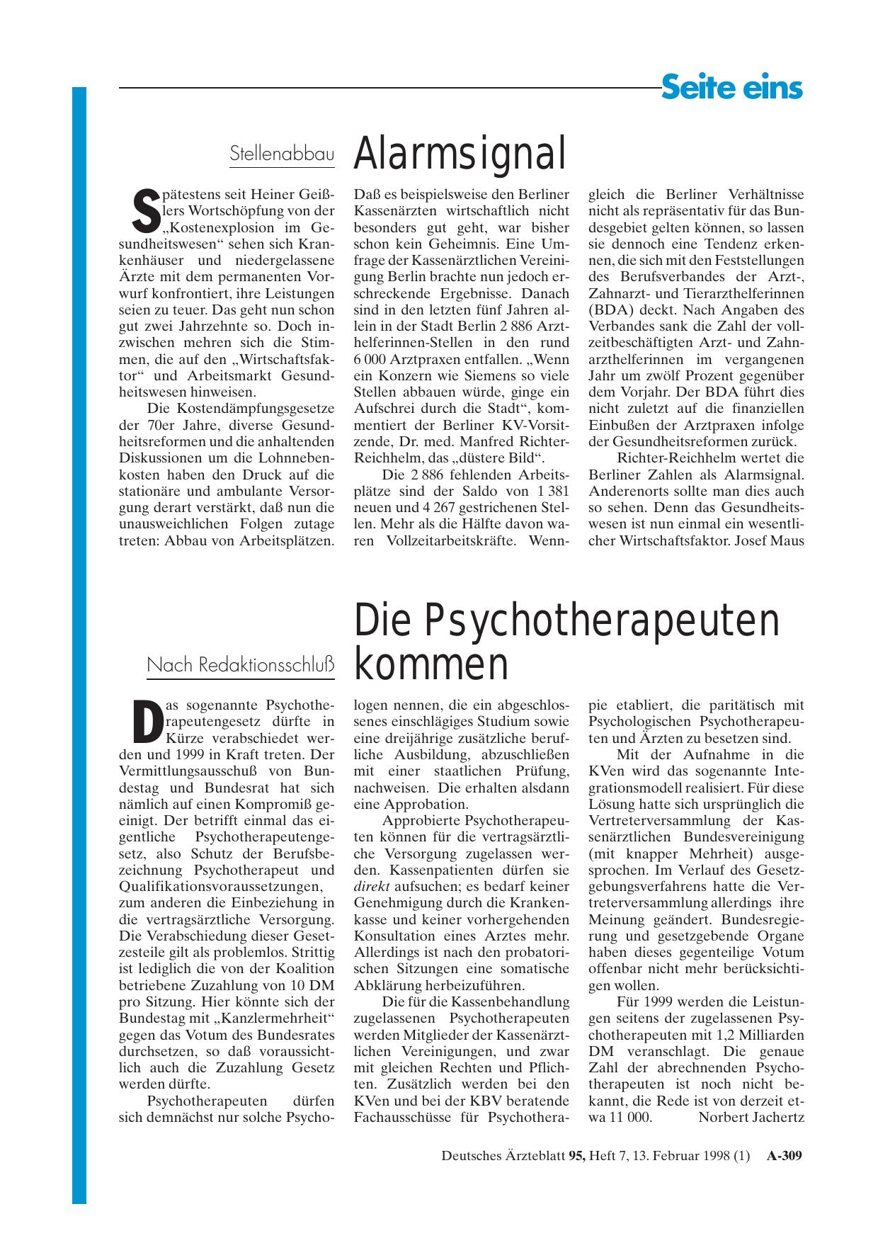 Vorschauseite 1: Nach Redaktionsschluß: Die Psychotherapeuten kommen