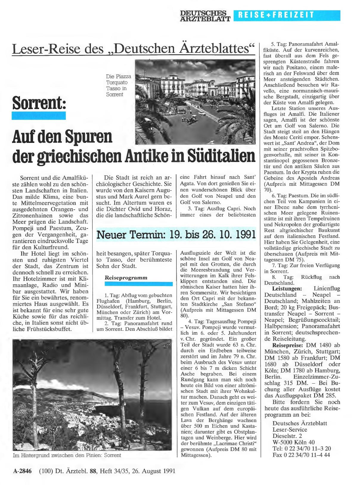 Vorschauseite 1: Leser-Reise des „Deutschen Ärzteblattes“: Sorrent: Auf den Spuren der griechischen Antike in Süditalien