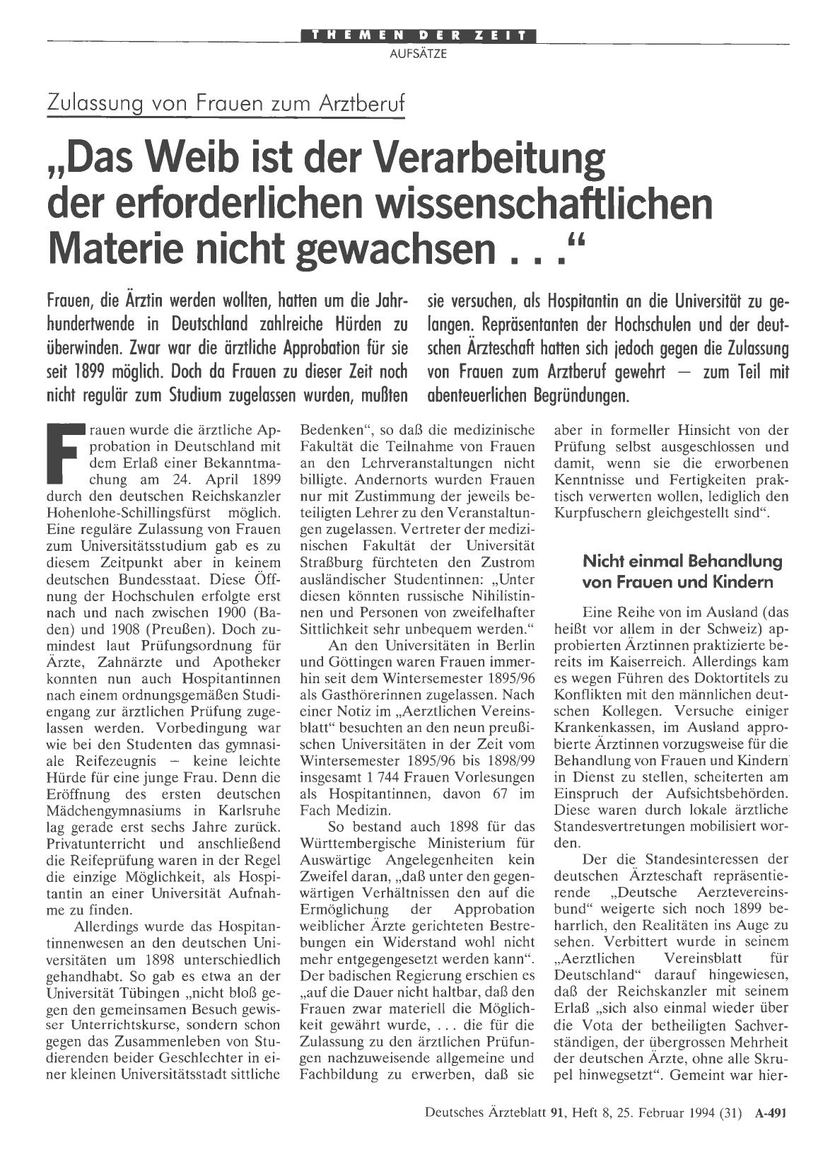 Vorschauseite 1: Zulassung von Frauen zum Arztberuf: „Das Weib ist der Verarbeitung der erforderlichen wissenschaftlichen Materie nicht gewachsen. .. “