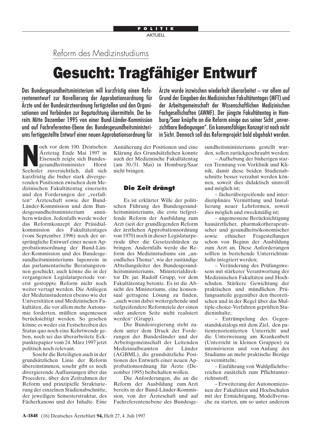 Vorschauseite 1: Reform des Medizinstudiums – Gesucht: Tragfähiger Entwurf