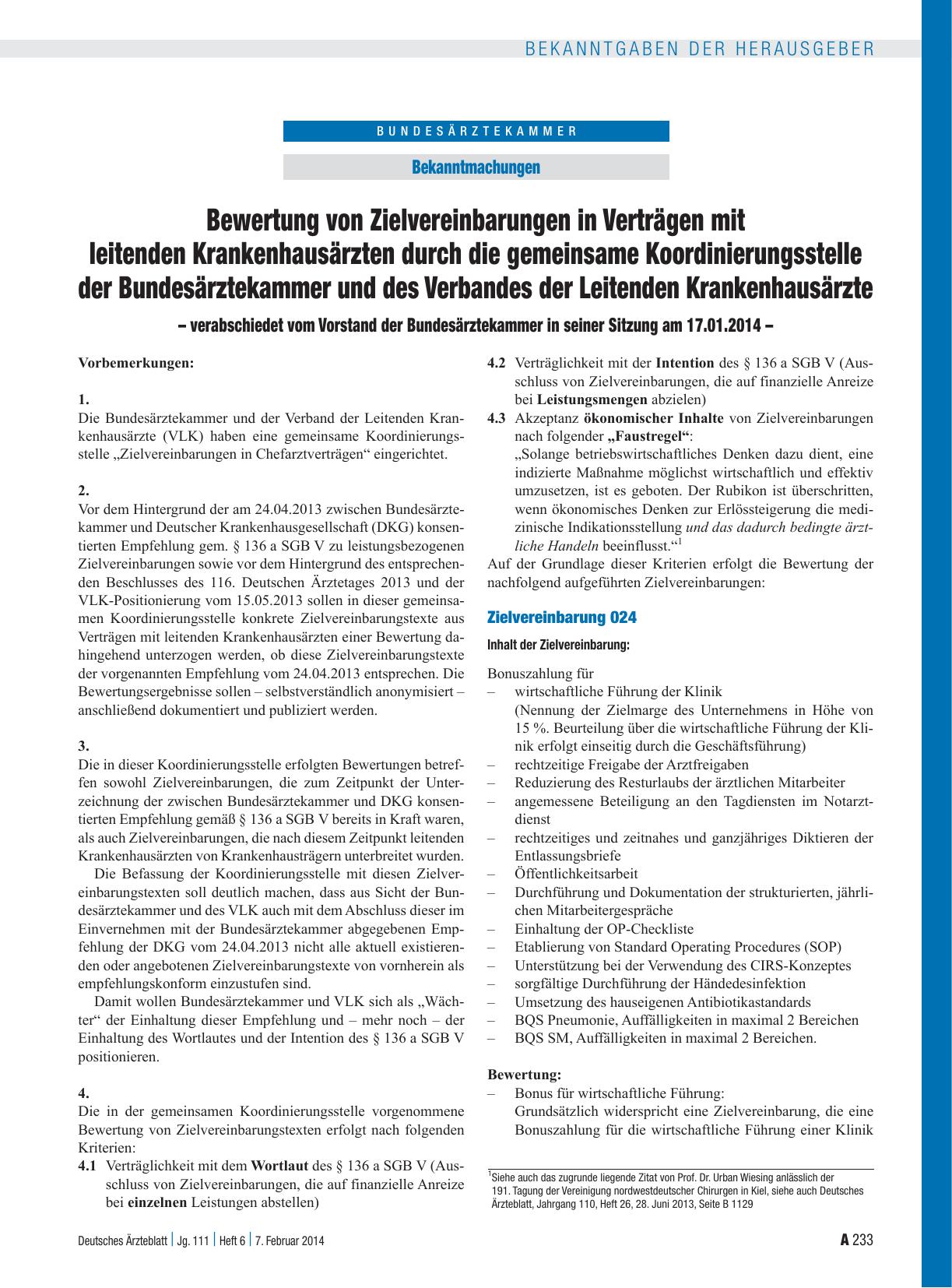 Vorschauseite 1: Bewertung von Zielvereinbarungen in Verträgen mit leitenden Krankenhausärzten durch die gemeinsame Koordinierungsstelle der Bundesärztekammer und des Verbandes der Leitenden Krank…