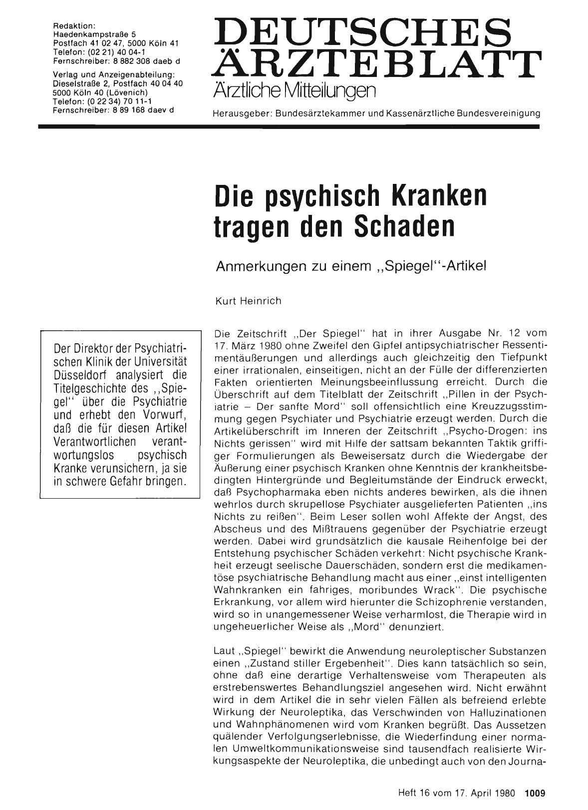 Vorschauseite 1: Die psychisch Kranken tragen den Schaden: Anmerkungen zu einem „Spiegel“-Artikel
