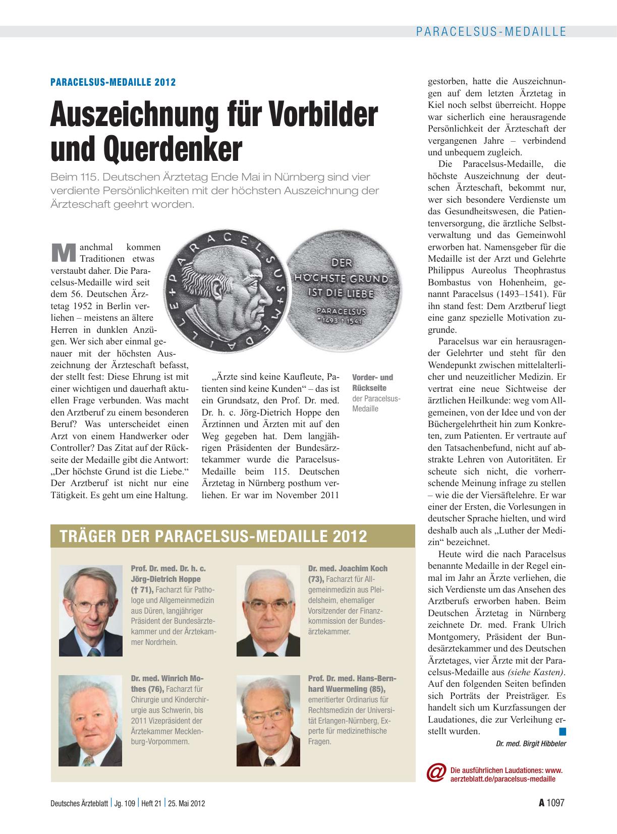 Vorschauseite 1: Paracelsus-Medaille 2012: Auszeichnung für Vorbilder und Querdenker