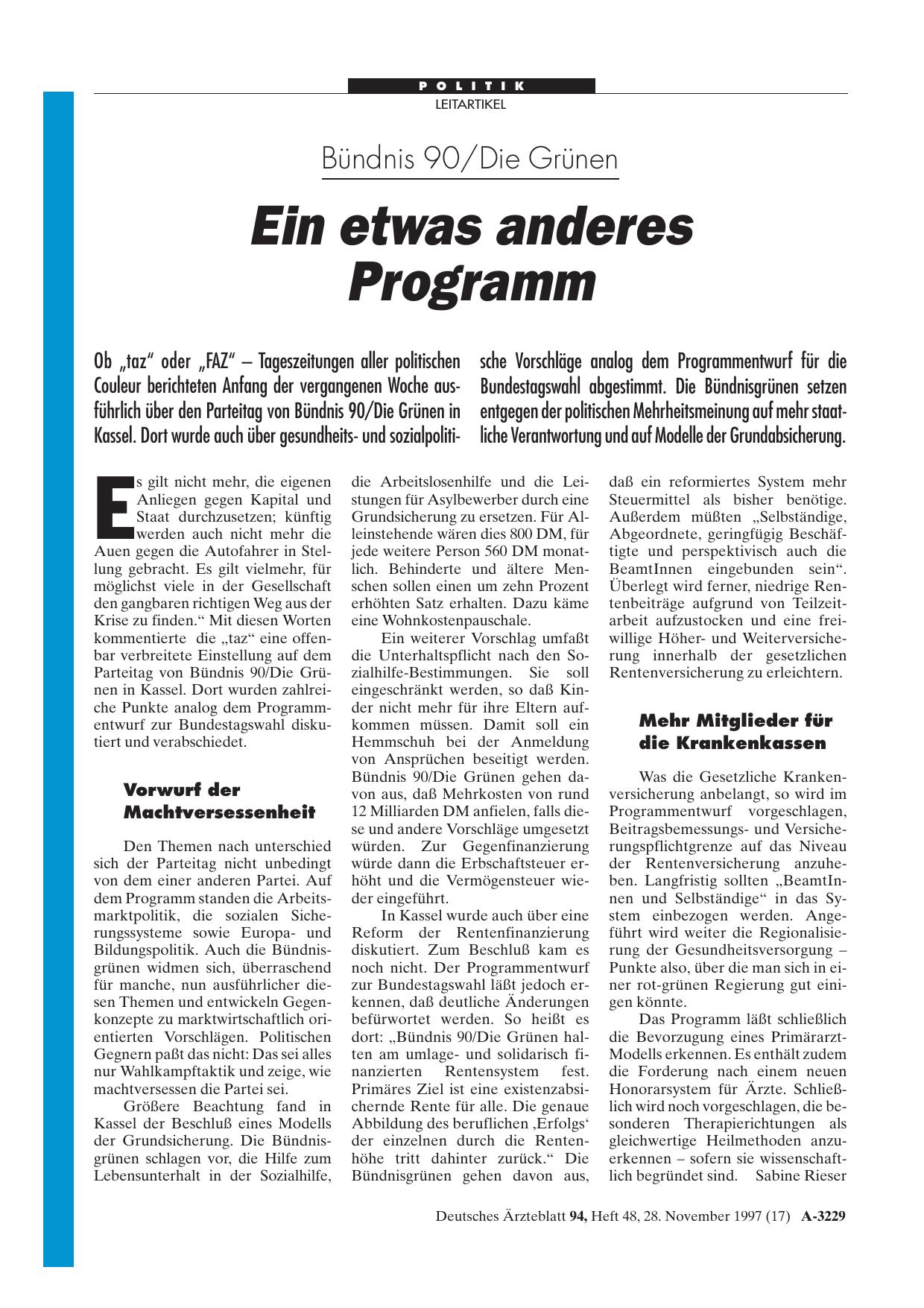 Vorschauseite 1: Bündnis 90/Die Grünen: Ein etwas anderes Programm