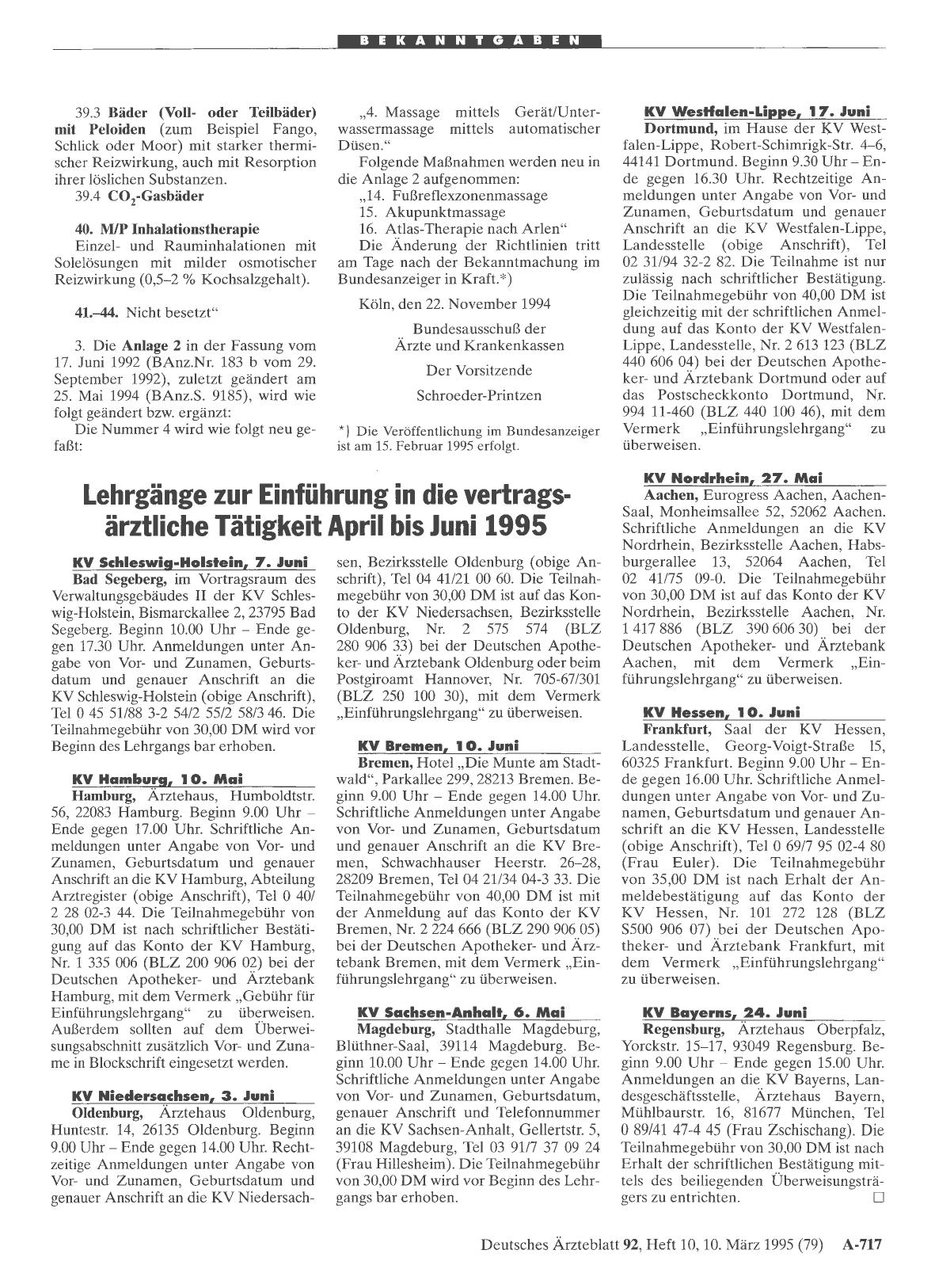 Vorschauseite 1: Lehrgänge zur Einführung in die vertragsärztliche Tätigkeit April bis Juni 1995