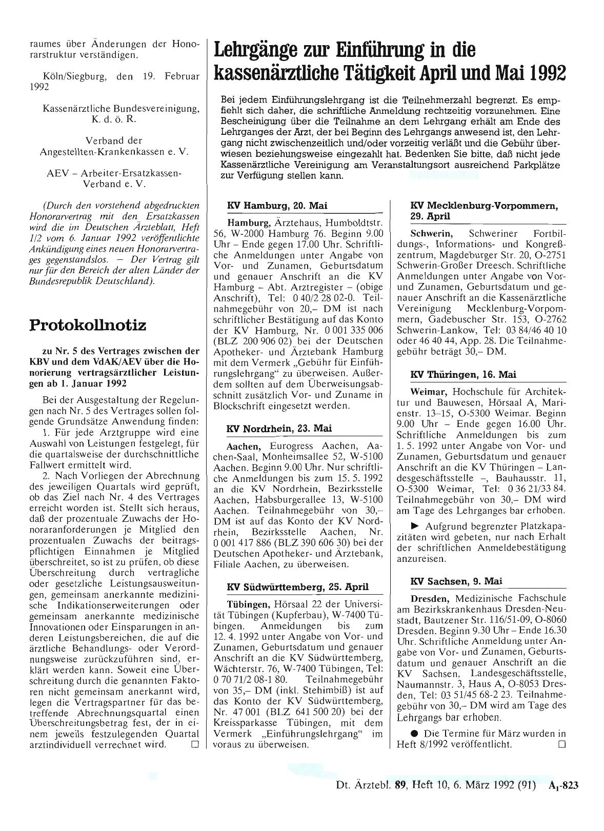 Vorschauseite 1: Lehrgänge zur Einführung in die kassenärztliche Tätigkeit April und Mai 1992
