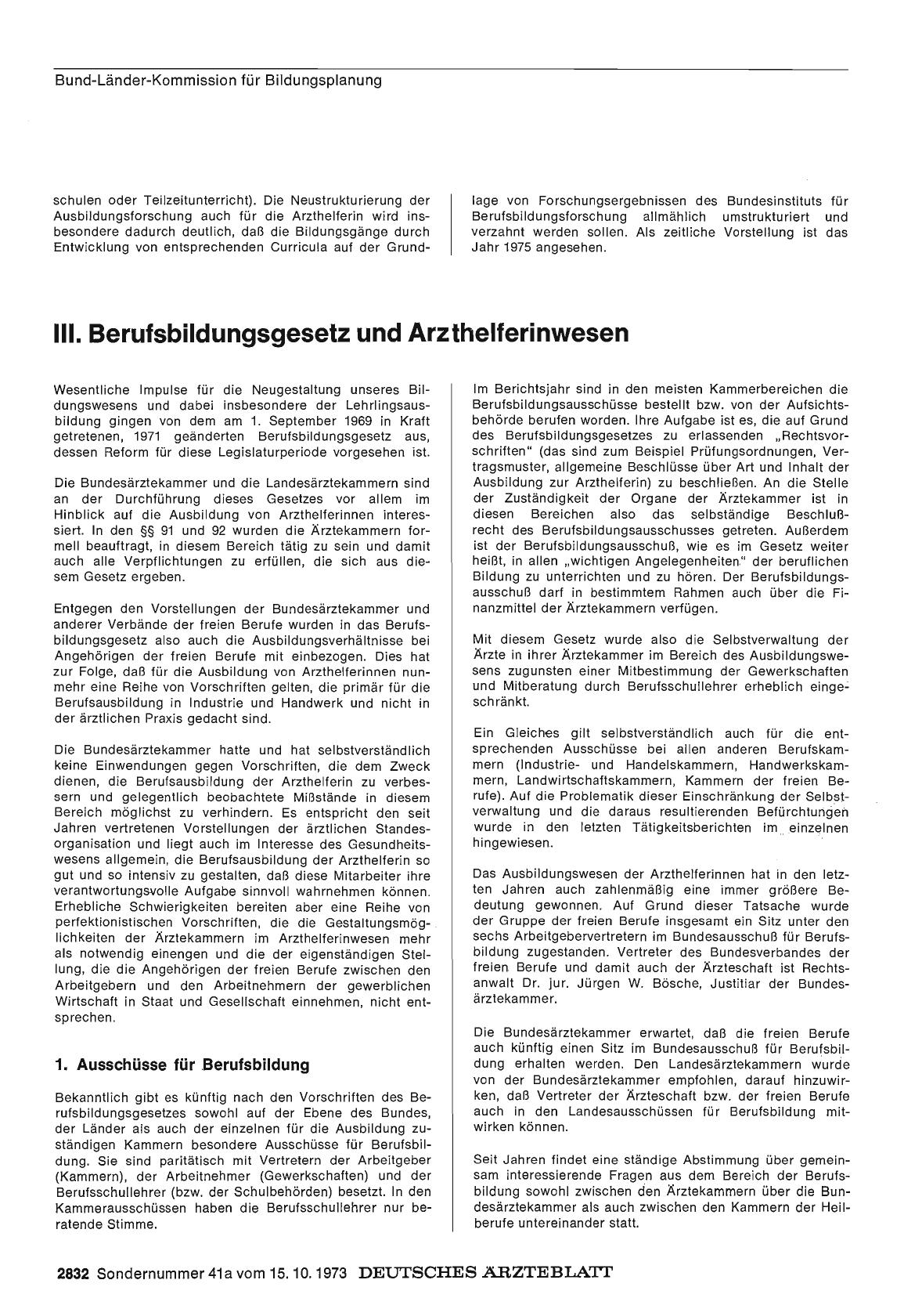 Vorschauseite 1: Bericht über das Jahr 1972/73: H. Medizinische Assistenzberufe: III. Berufsbildungsgesetz und Arzthelferinwesen
