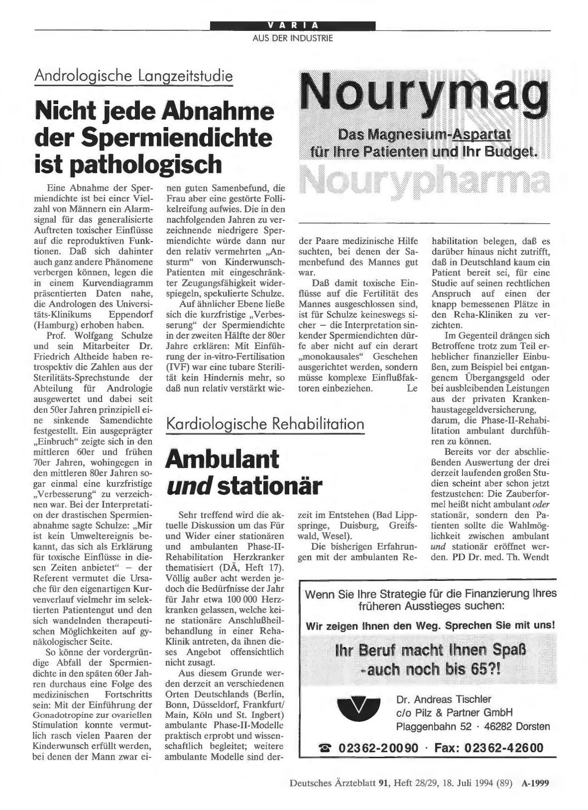 Vorschauseite 1: Andrologische Langzeitstudie Nicht jede Abnahme der Spermiendichte ist pathologisch