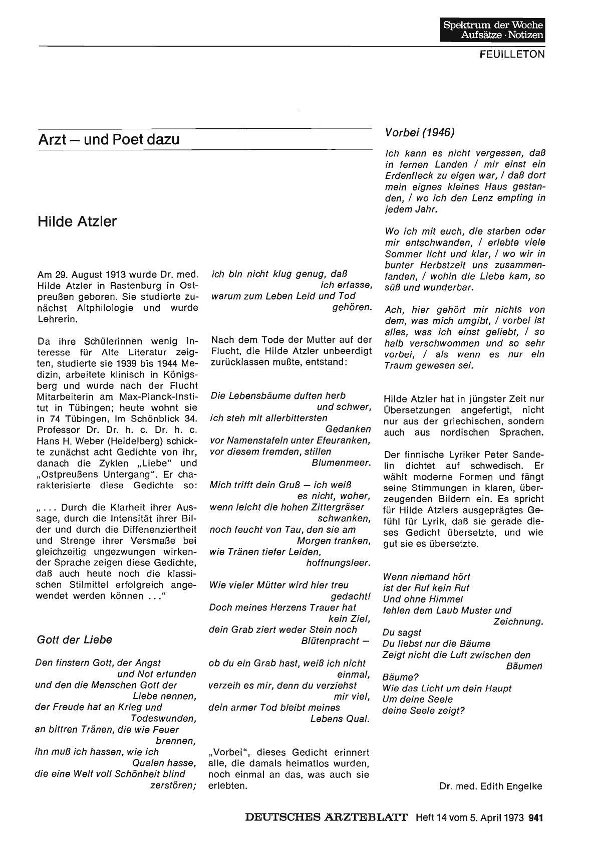Vorschauseite 1: Arzt — und Poet dazu: Hilde Atzler