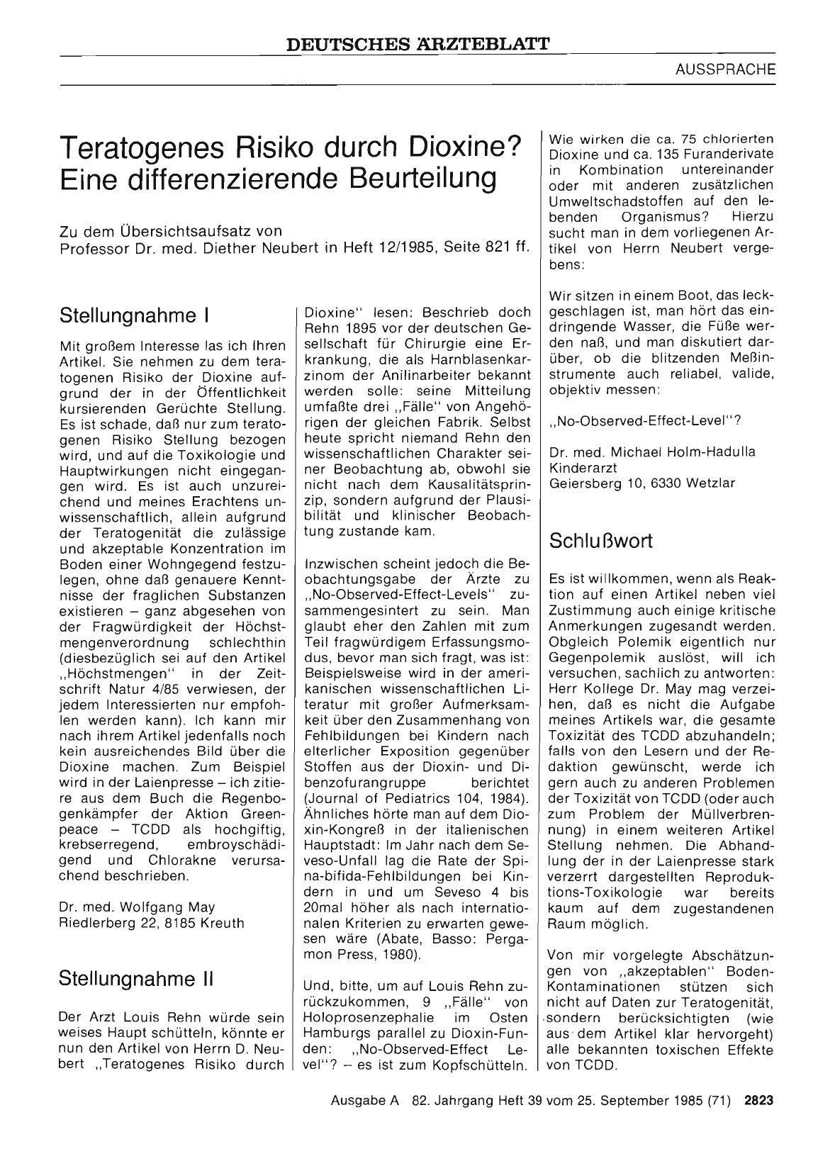 Vorschauseite 1: Teratogenes Risiko durch Dioxine? Eine differenzierende Beurteilung: Schlußwort