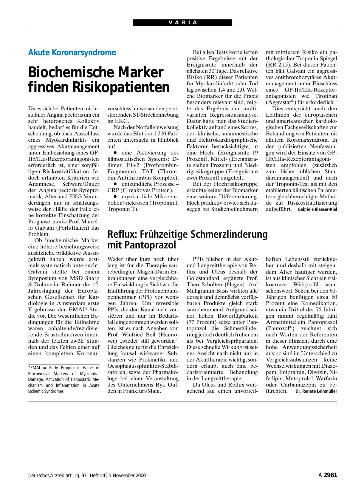 Vorschauseite 1: Akute Koronarsyndrome: Biochemische Marker finden Risikopatienten