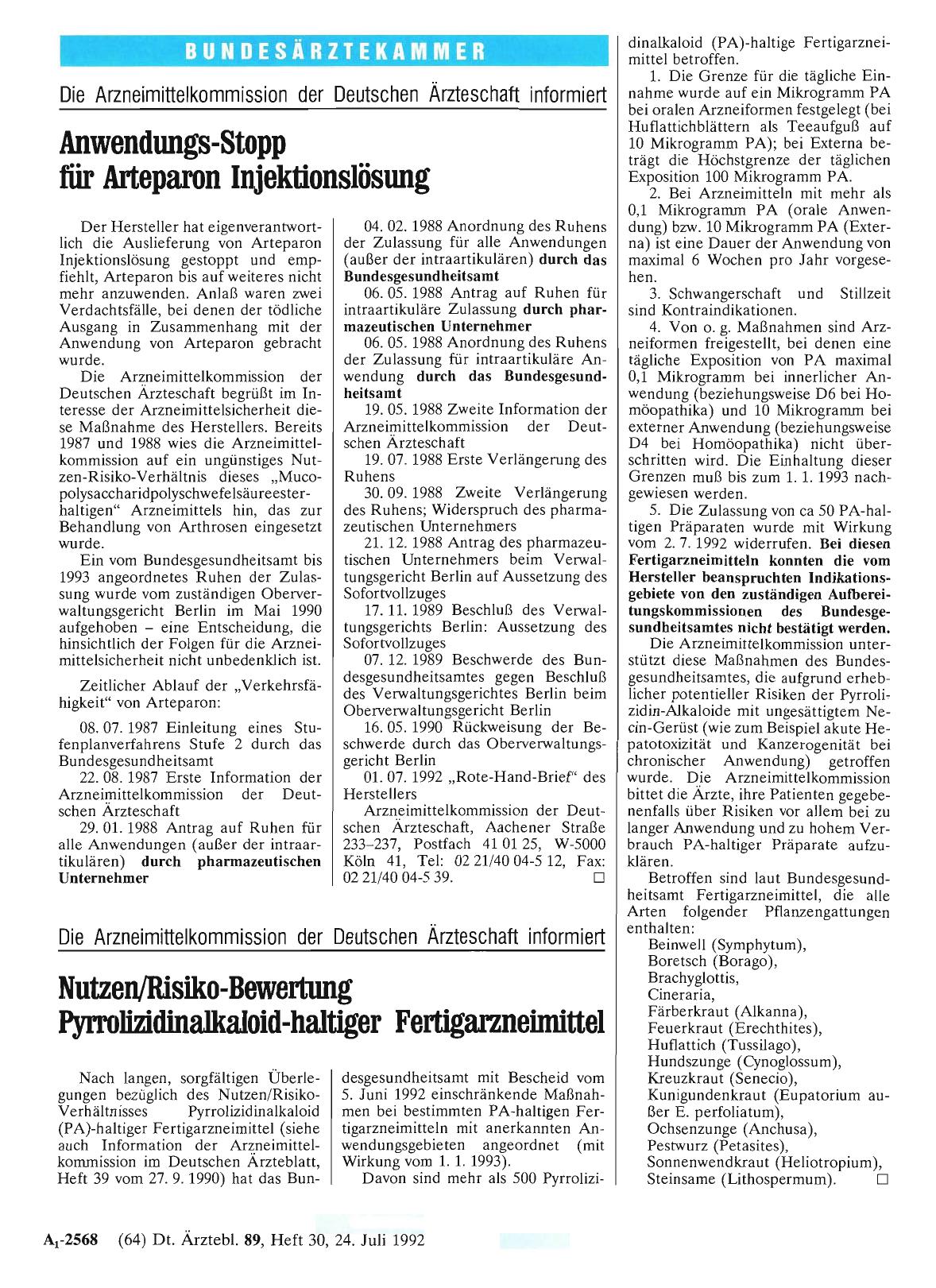 Vorschauseite 1: Die Arzneimittelkommission der Deutschen Ärzteschaft informiert: Nutzen/Risiko-Bewertung Pyrrolizidinalkaloid-haltiger Fertigarzneimittel