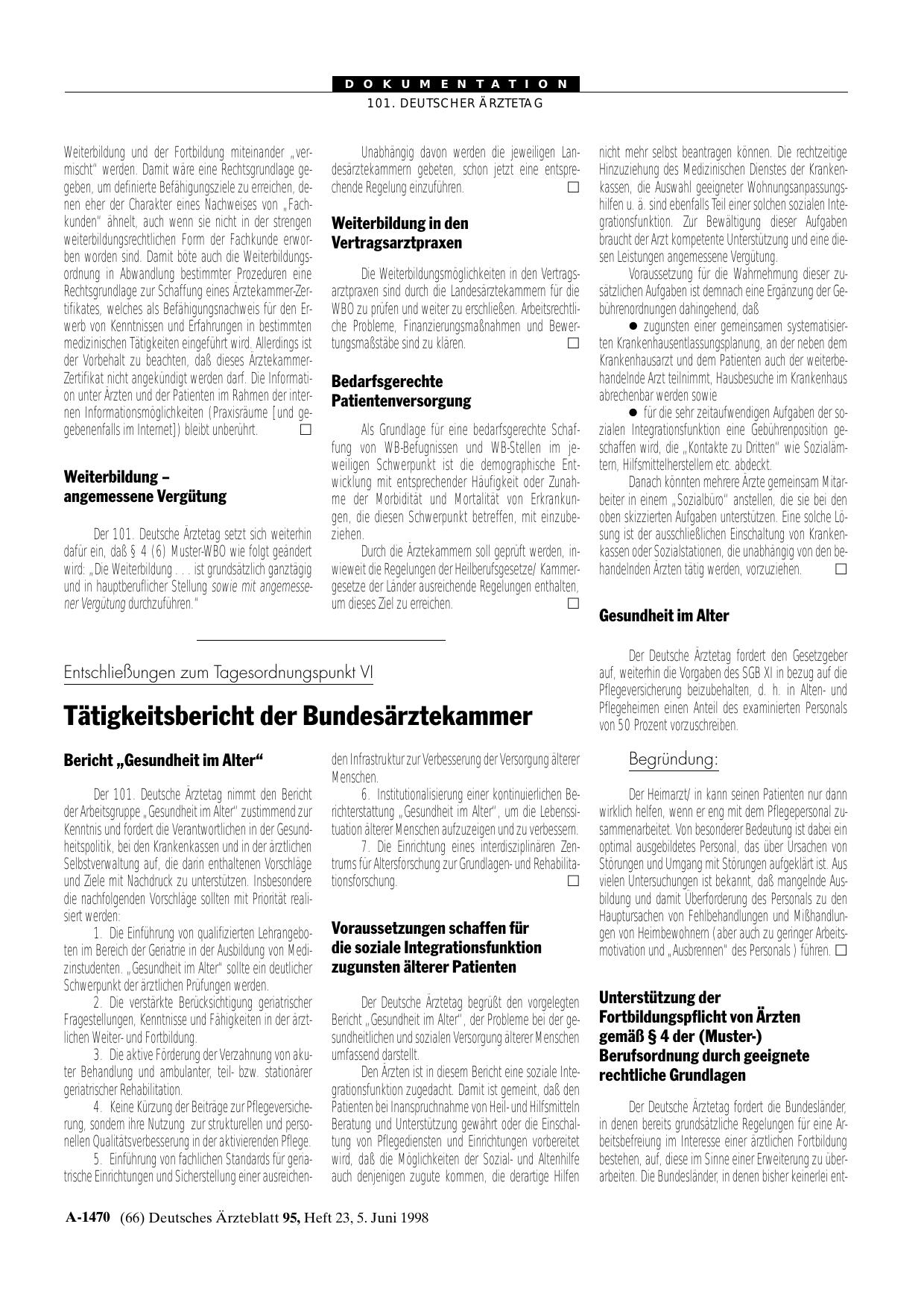 Vorschauseite 1: Entschließungen zum Tagesordnungspunkt VI: Tätigkeitsbericht der Bundesärztekammer