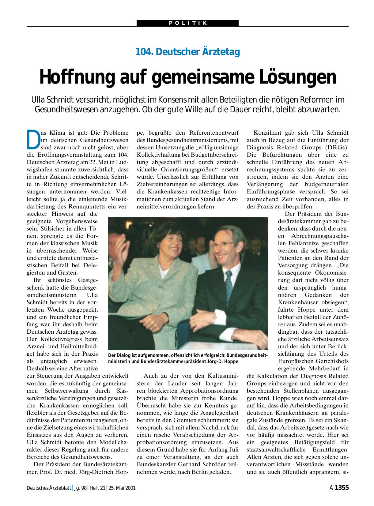 Vorschauseite 1: 104. Deutscher Ärztetag: Hoffnung auf gemeinsame Lösungen