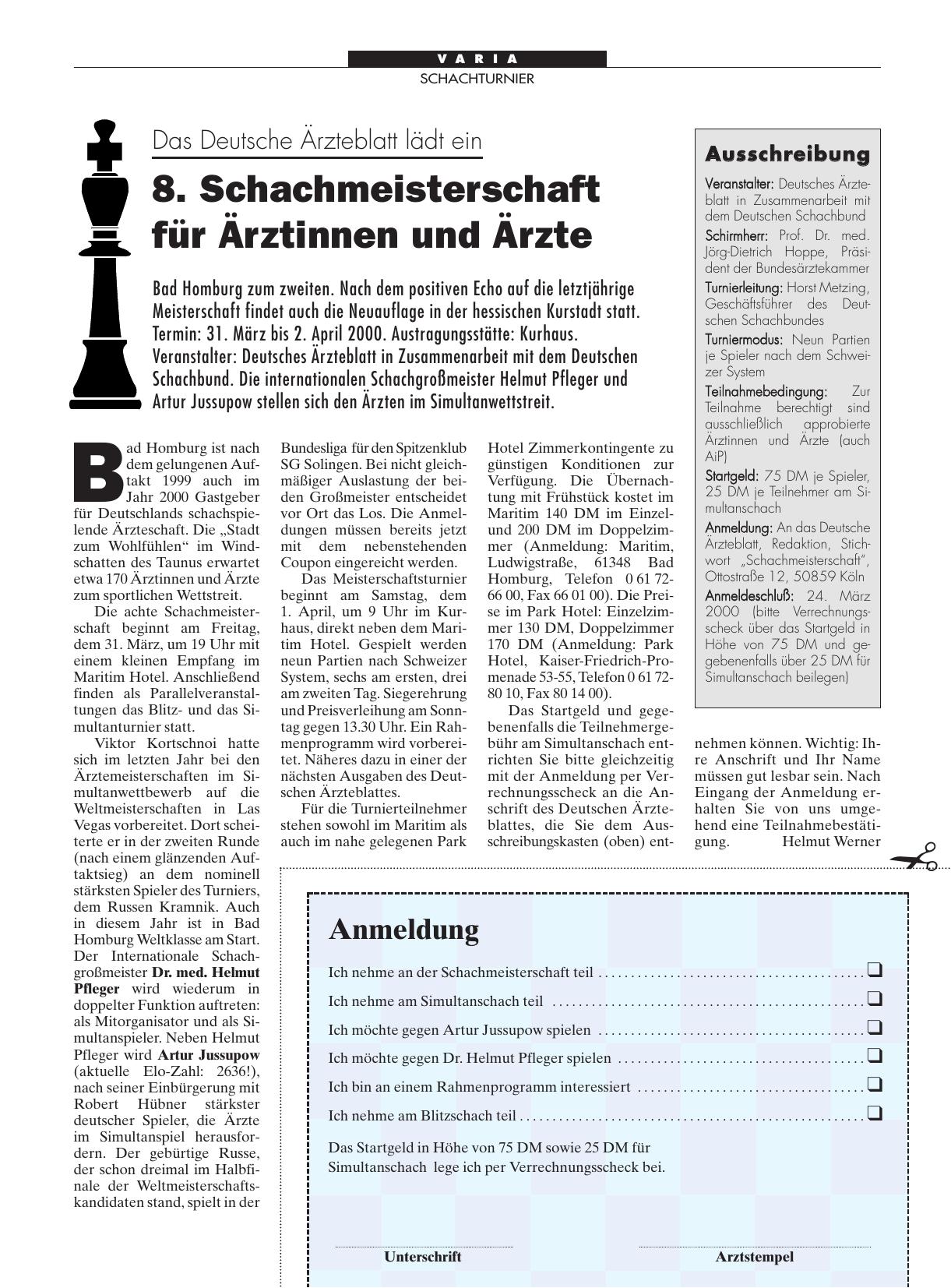 Vorschauseite 1: Das Deutsche Ärzteblatt lädt ein 8. Schachmeisterschaft für Ärztinnen und Ärzte