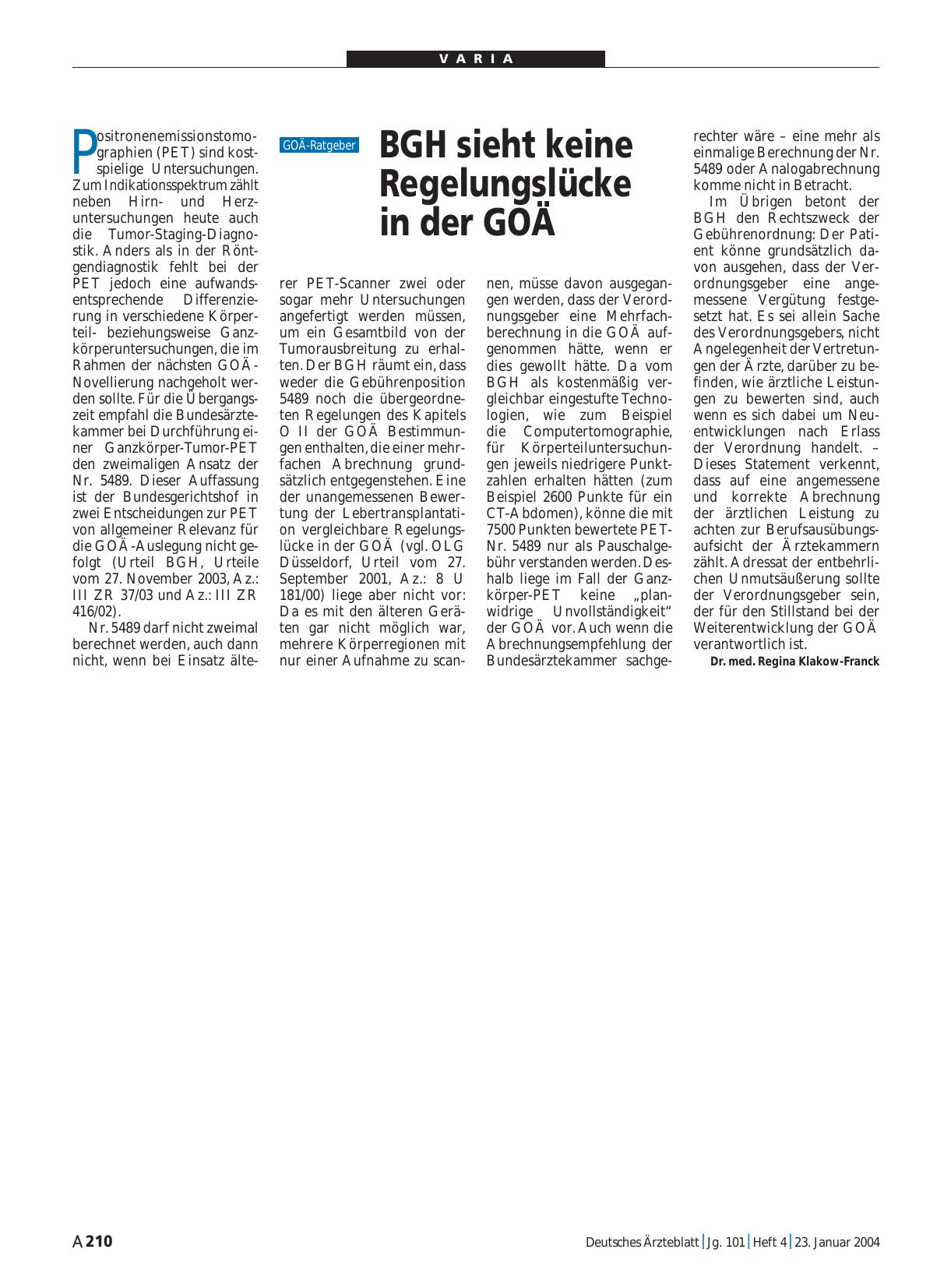 Vorschauseite 1: BGH sieht keine Regelungslücke in der GOÄ