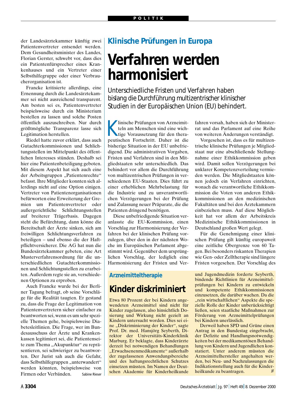 Vorschauseite 1: Klinische Prüfungen in Europa: Verfahren werden harmonisiert