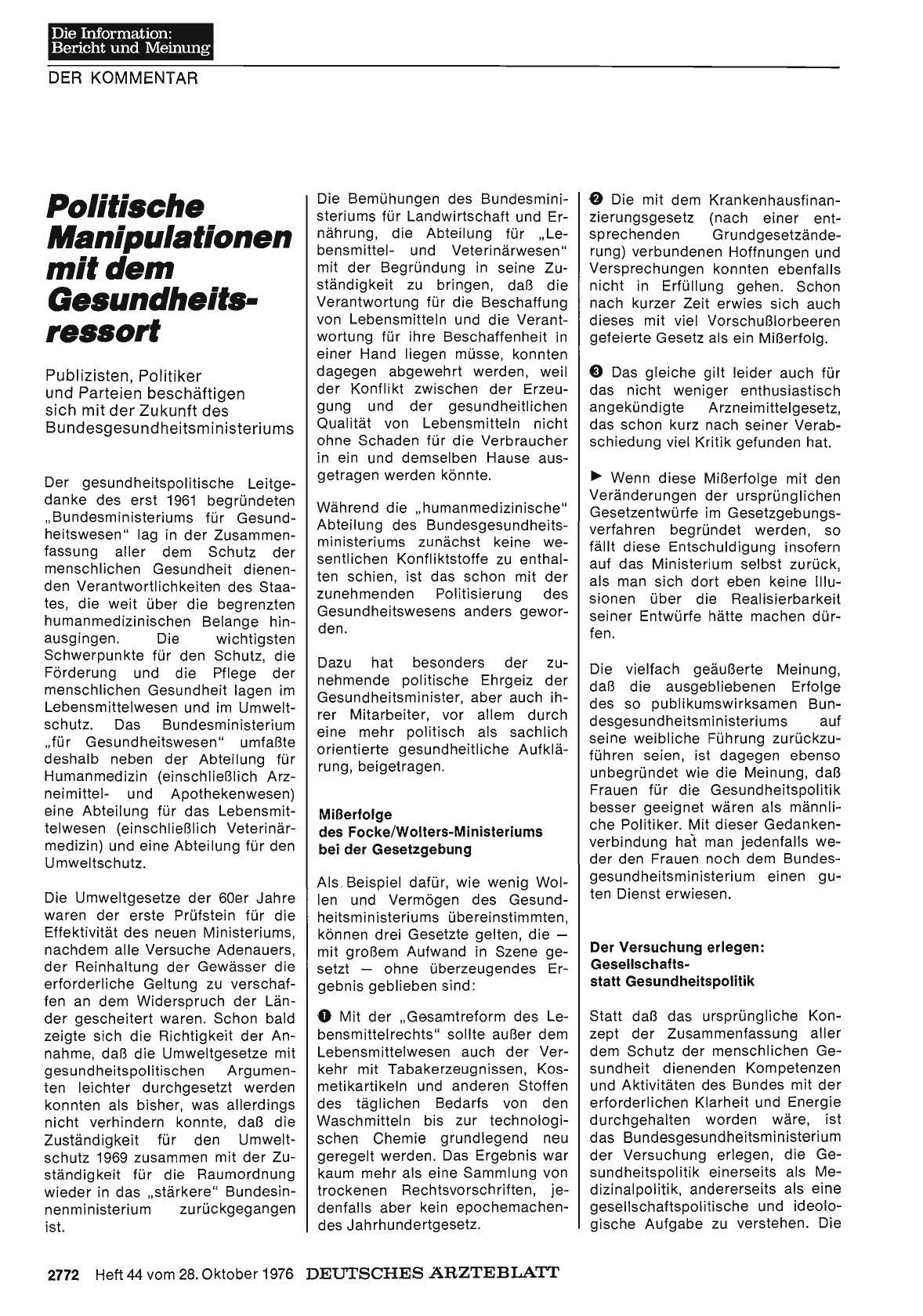 Vorschauseite 1: Politische Manipulationen mit dem Gesundheitsressort: Publizisten, Politiker und Parteien beschäftigen sich mit der Zukunft des Bundesgesundheitsministeriums