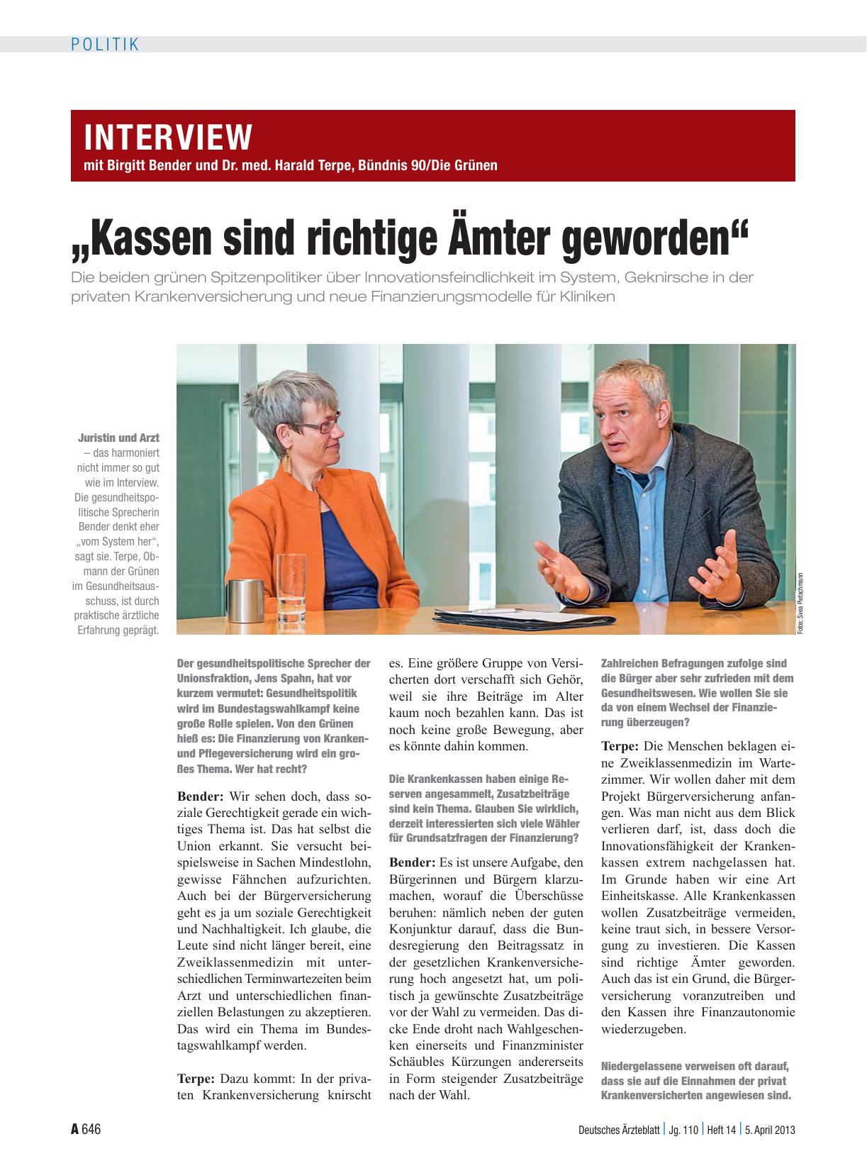 Vorschauseite 1: Interview mit Birgitt Bender und Dr. med. Harald Terpe, Bündnis 90/Die Grünen: „Kassen sind richtige Ämter geworden“