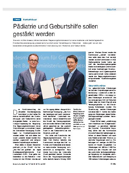 Vorschauseite 1: Krankenhäuser: Pädiatrie und Geburtshilfe sollen gestärkt werden