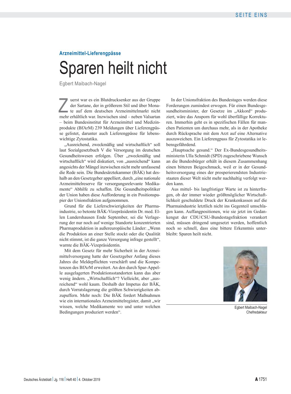Vorschauseite 1: Arzneimittel-Lieferengpässe: Sparen heilt nicht