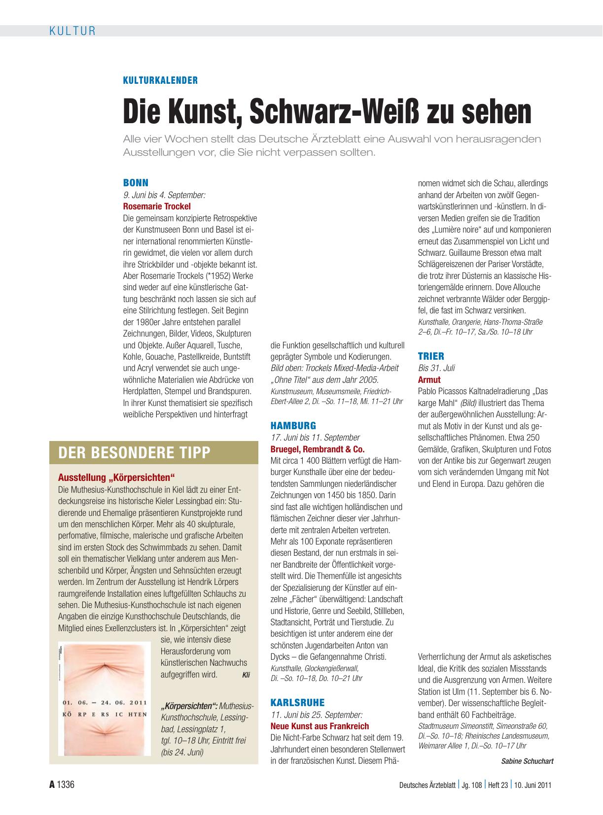 Vorschauseite 1: Kulturkalender: Die Kunst, Schwarz-Weiß zu sehen