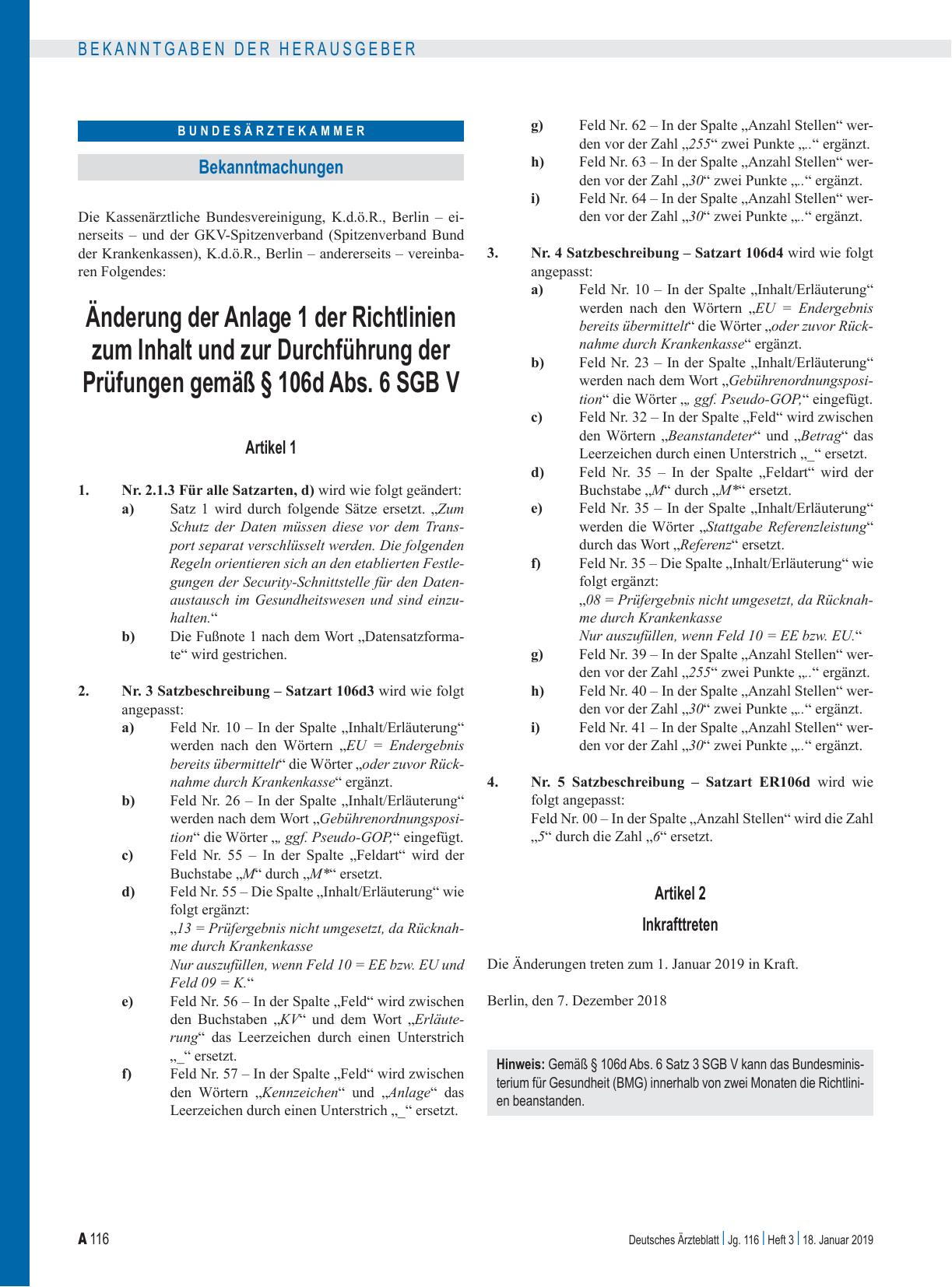 Vorschauseite 1: Änderung der Anlage 1 der Richtlinien zum Inhalt und zur Durchführung der Prüfungen gemäß § 106d Abs. 6 SGB V – Artikel 1 Artikel 2 Inkrafttreten