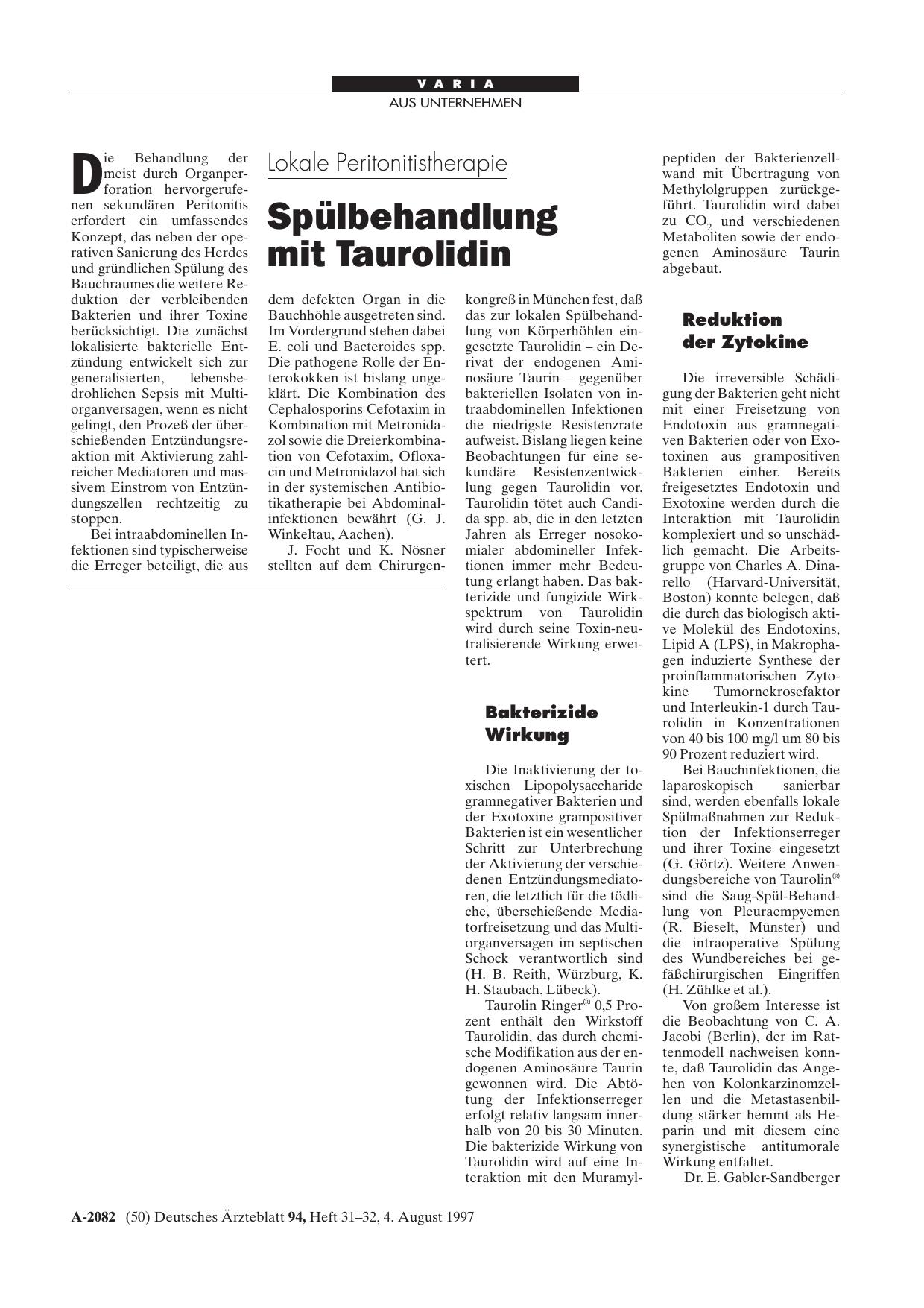 Vorschauseite 1: Lokale Peritonitistherapie: Spülbehandlung mit Taurolidin