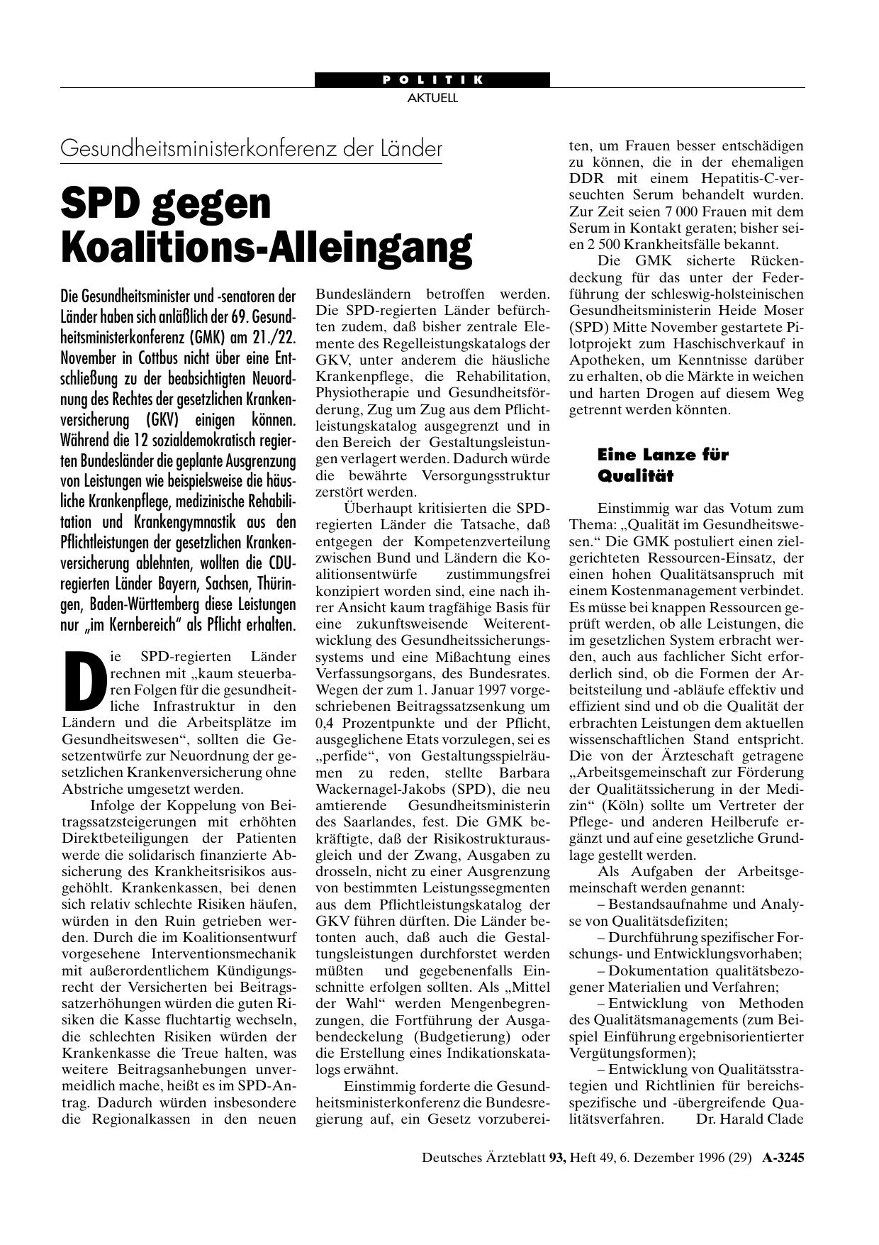 Vorschauseite 1: Gesundheitsministerkonferenz der Länder: SPD gegen Koalitions-Alleingang