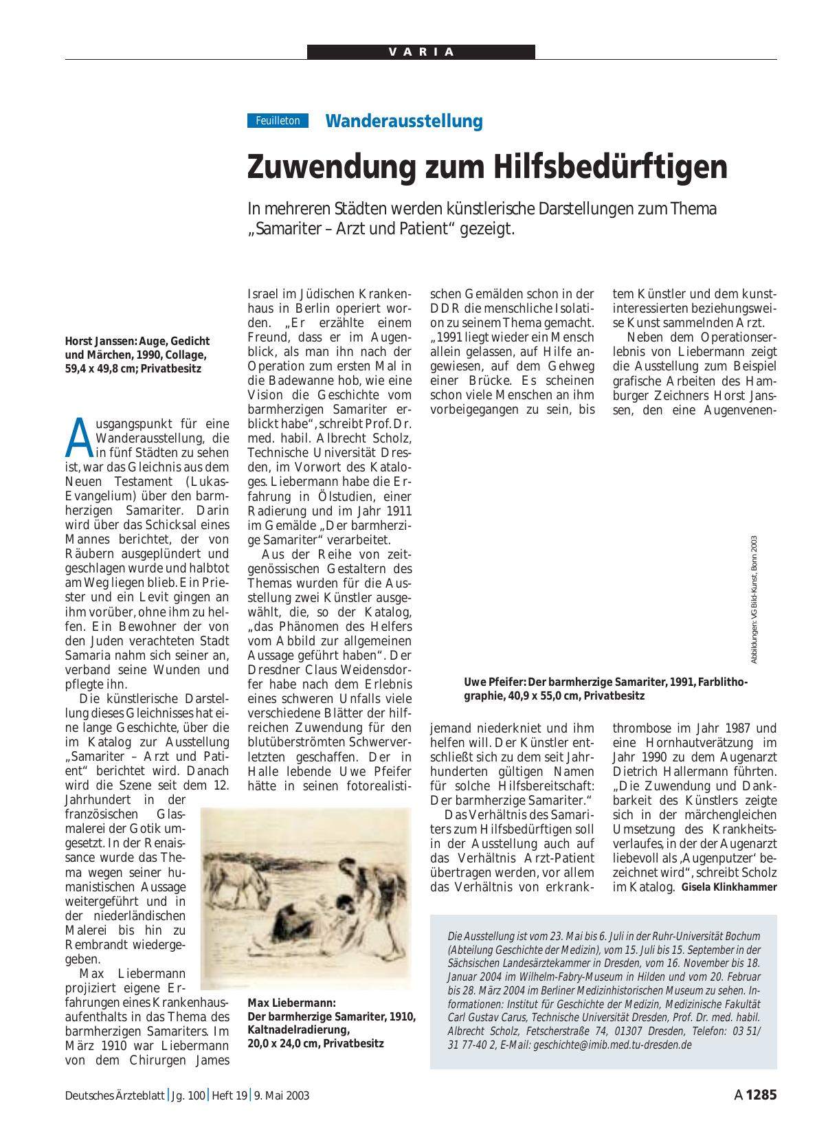 Vorschauseite 1: Wanderausstellung: Zuwendung zum Hilfsbedürftigen
